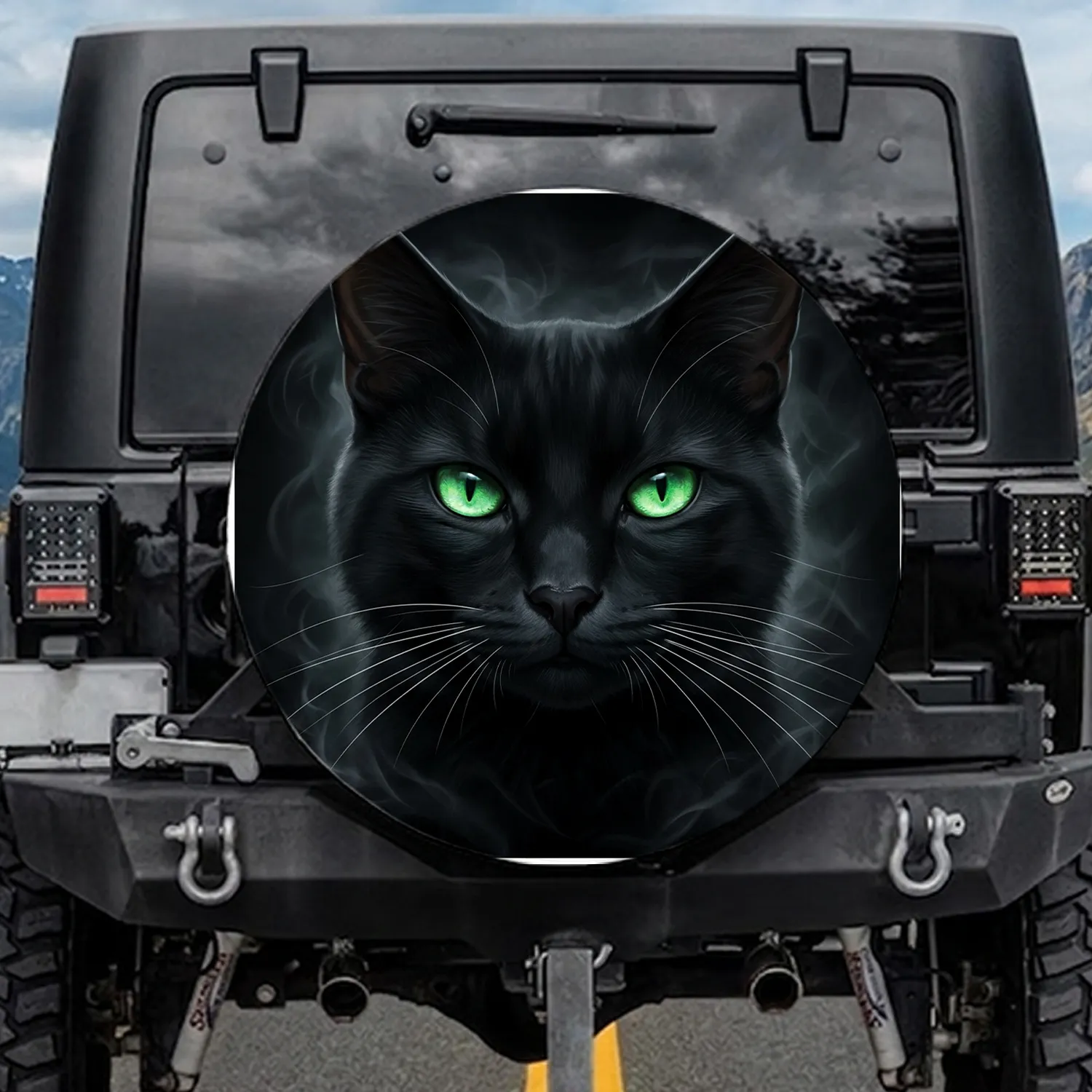 Majestic Black Cat Face Emerald Green Eyes - Wildlife Lover Gift for Cat Owners Spare Tire Cover - 1