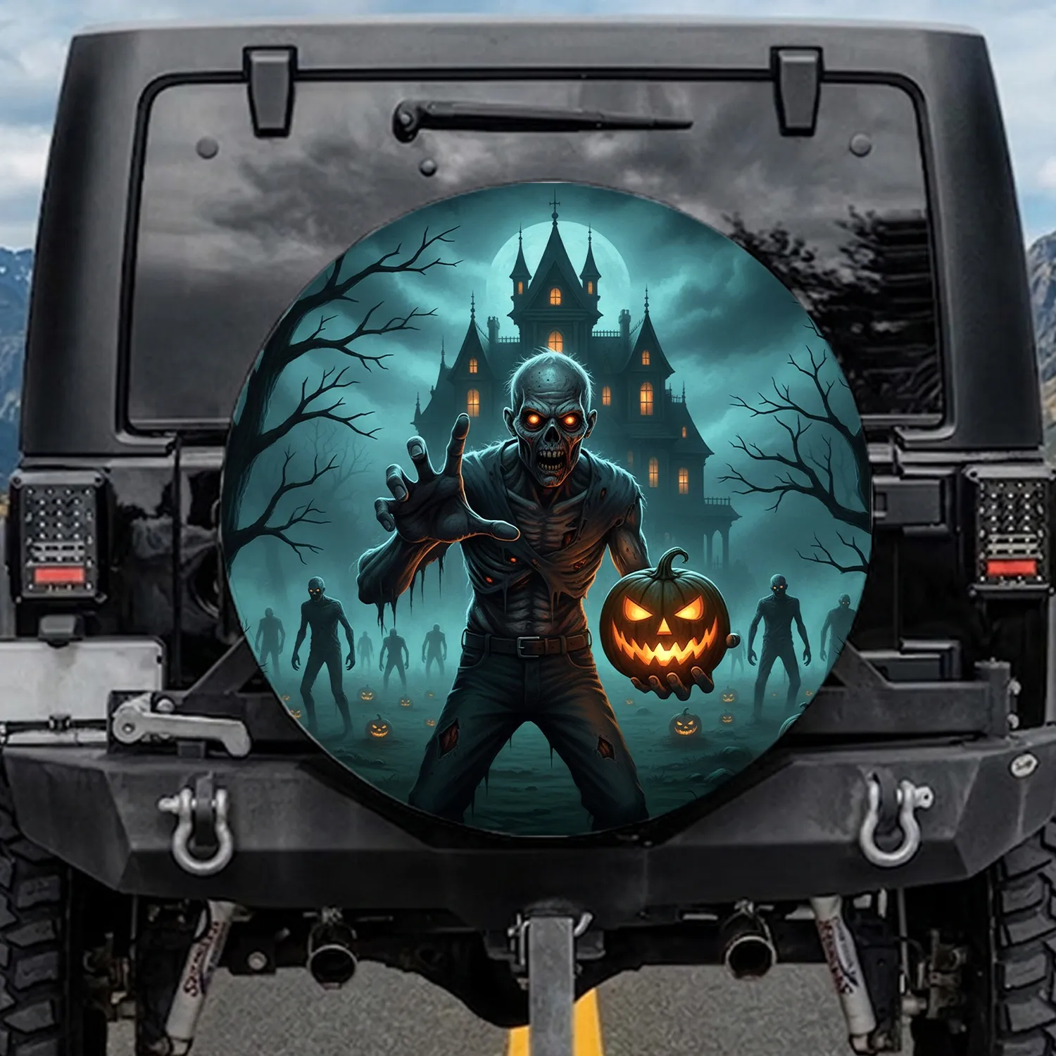 Zombie Jack-o'-Lantern Haunted Mansion Gnarled Trees Halloween Decoration for Horror Fans Spare Tire Cover - 1