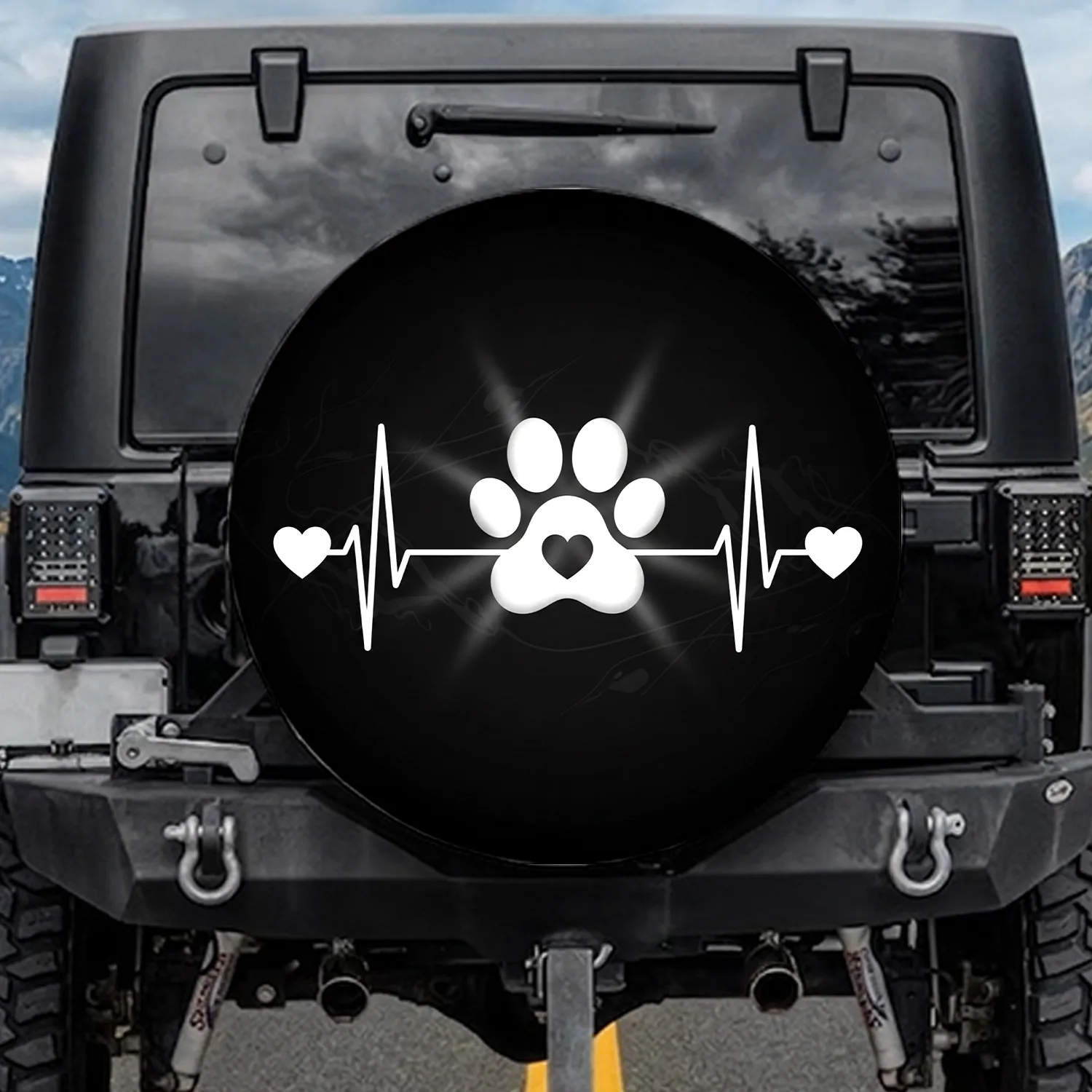Paw Print Heartbeat Line Hearts Light Beams - Pet Lover Gift Spare Tire Cover - 1