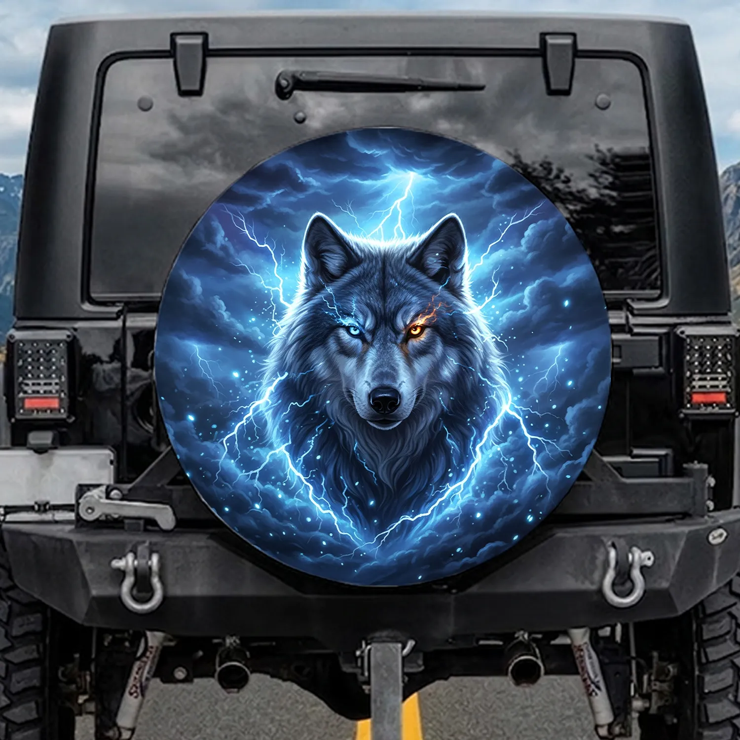 Powerful Wolf Electric Lightning Energy Storm - Wildlife Lover Gift Spare Tire Cover - 1