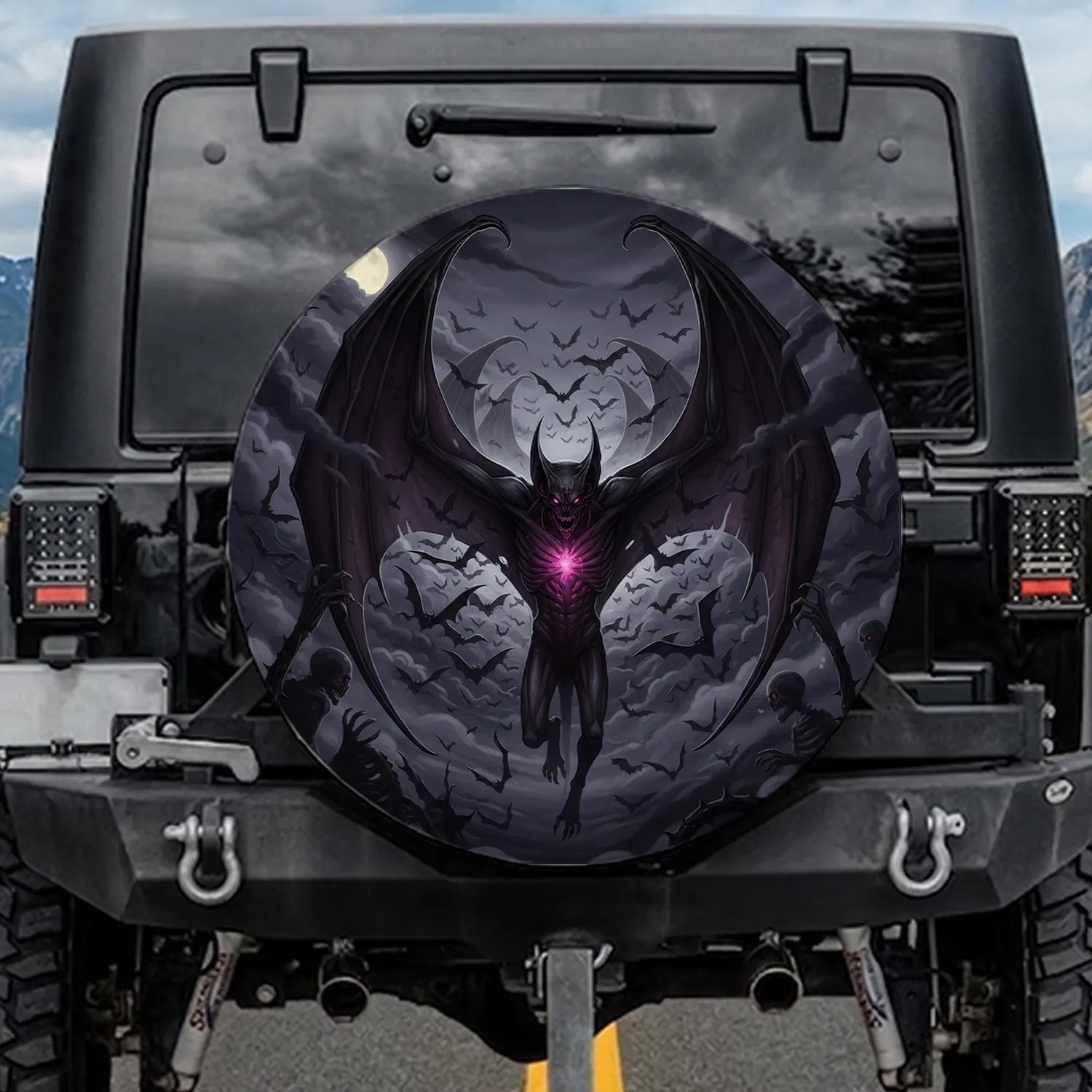 Menacing Bat Creature Glowing Eyes Swarming Bats Dark Fantasy Home Decor Gift for Horror Fan Spare Tire Cover - 1