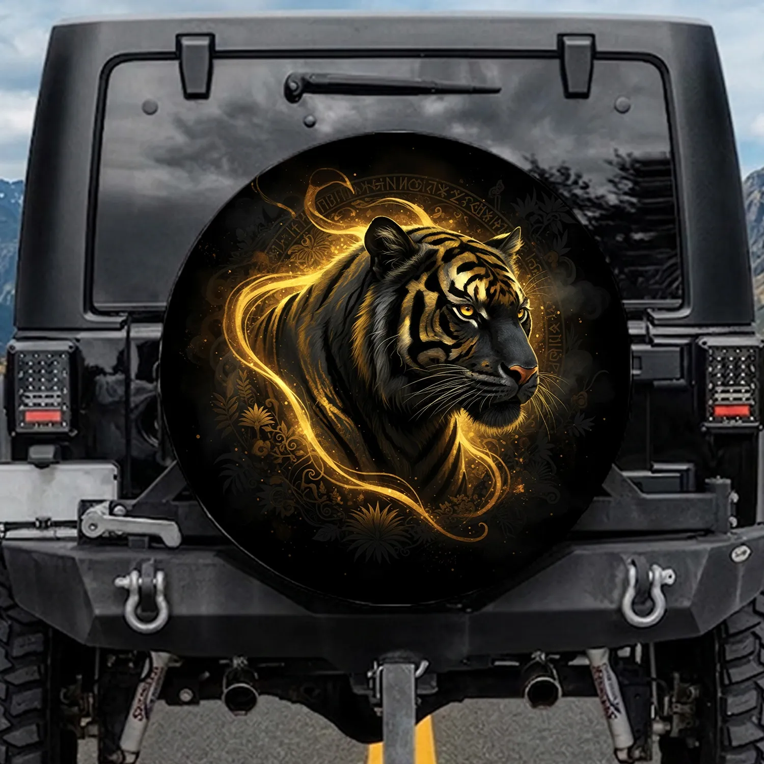 Golden Striped Black Jungle Tiger Watchful - Wildlife Lover Gift Spare Tire Cover - 1