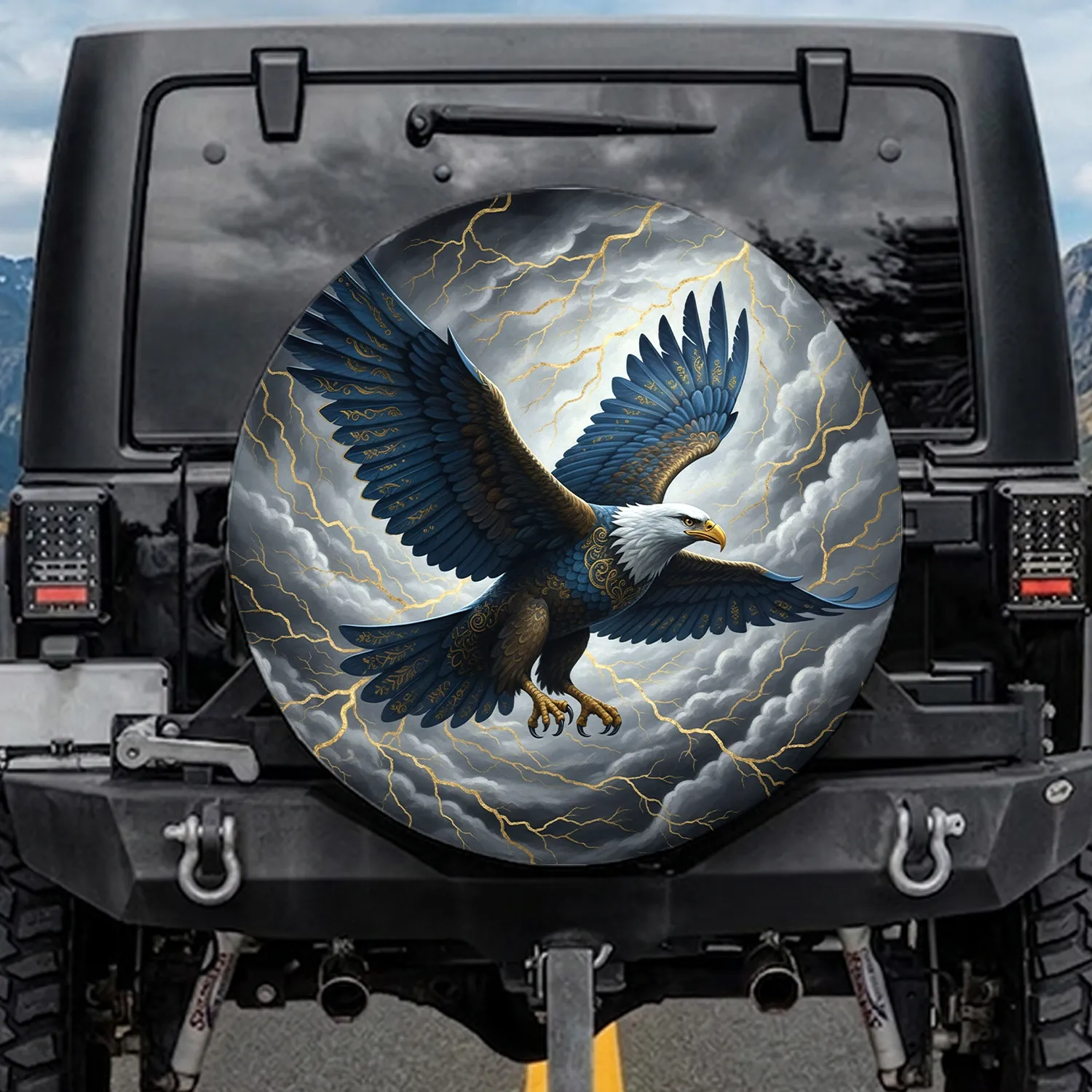 Majestic Eagle Azure Gold Wings Gold Lightning Clouds - Wildlife Lover Gift Spare Tire Cover - 1