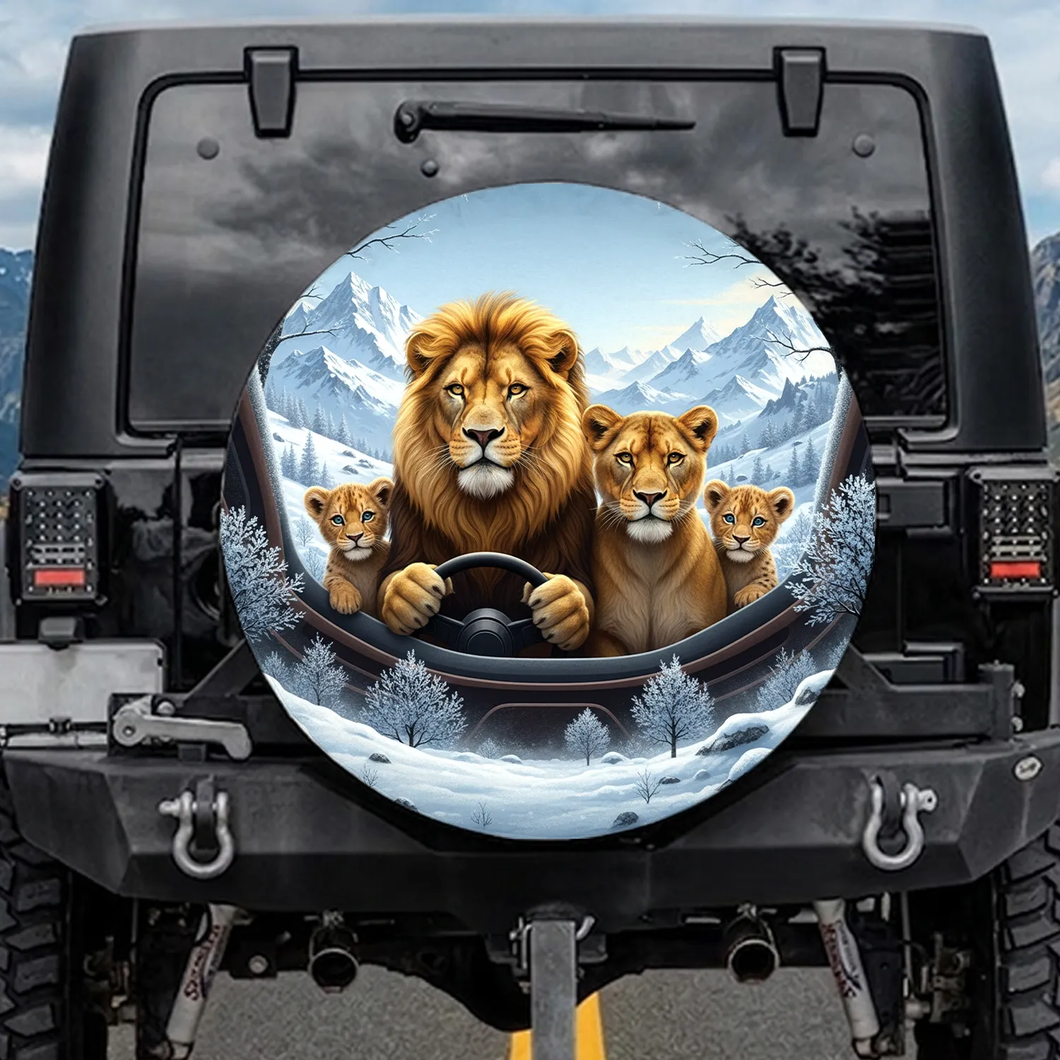 Majestic Lion Family Driving Snow-Capped Mountain Range - Adventure Lover Gift Spare Tire Cover - 1