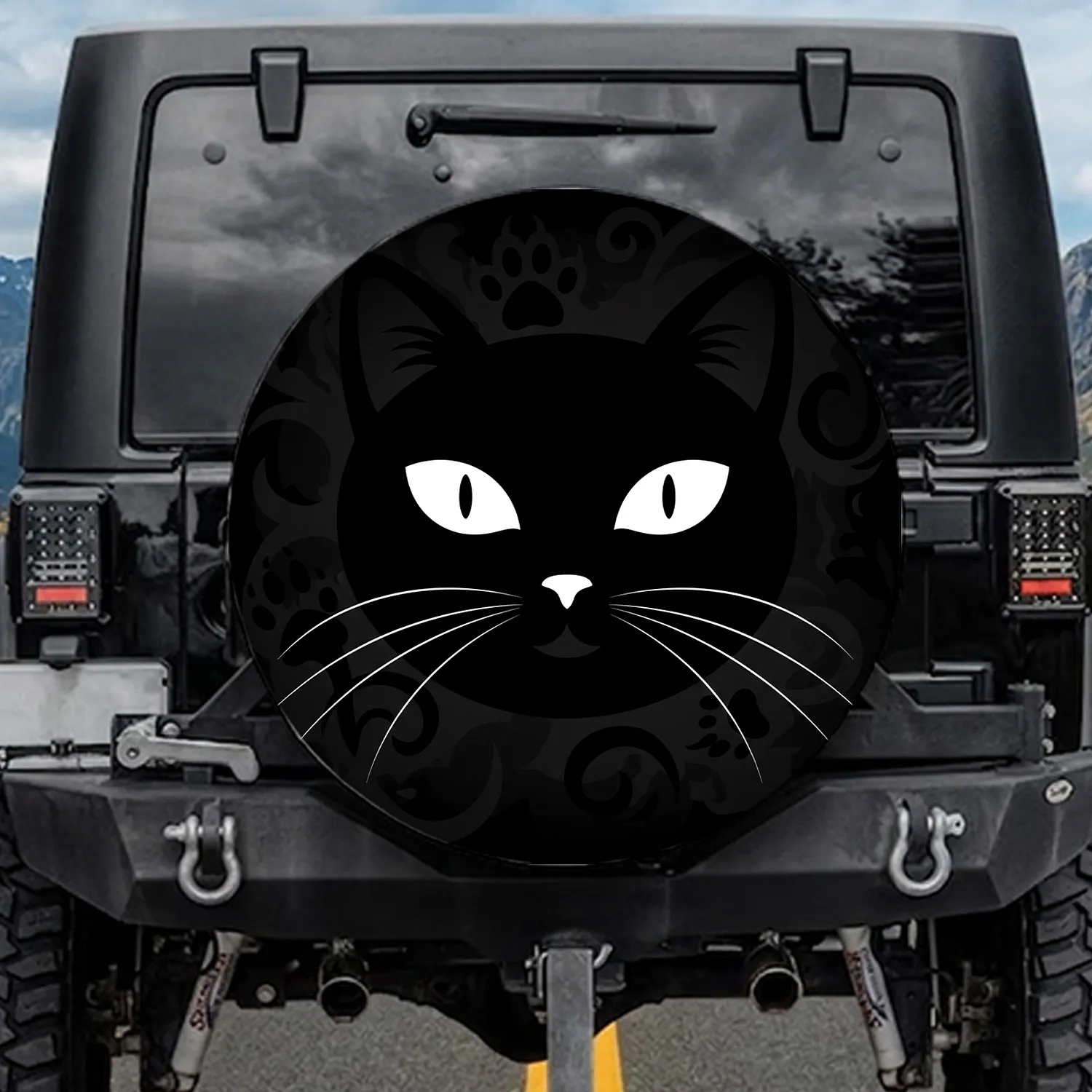 Black Cat Prominent Wide Eye Whiskers Feline Shadows Cat Lover Gift for Travel Spare Tire Cover - 1