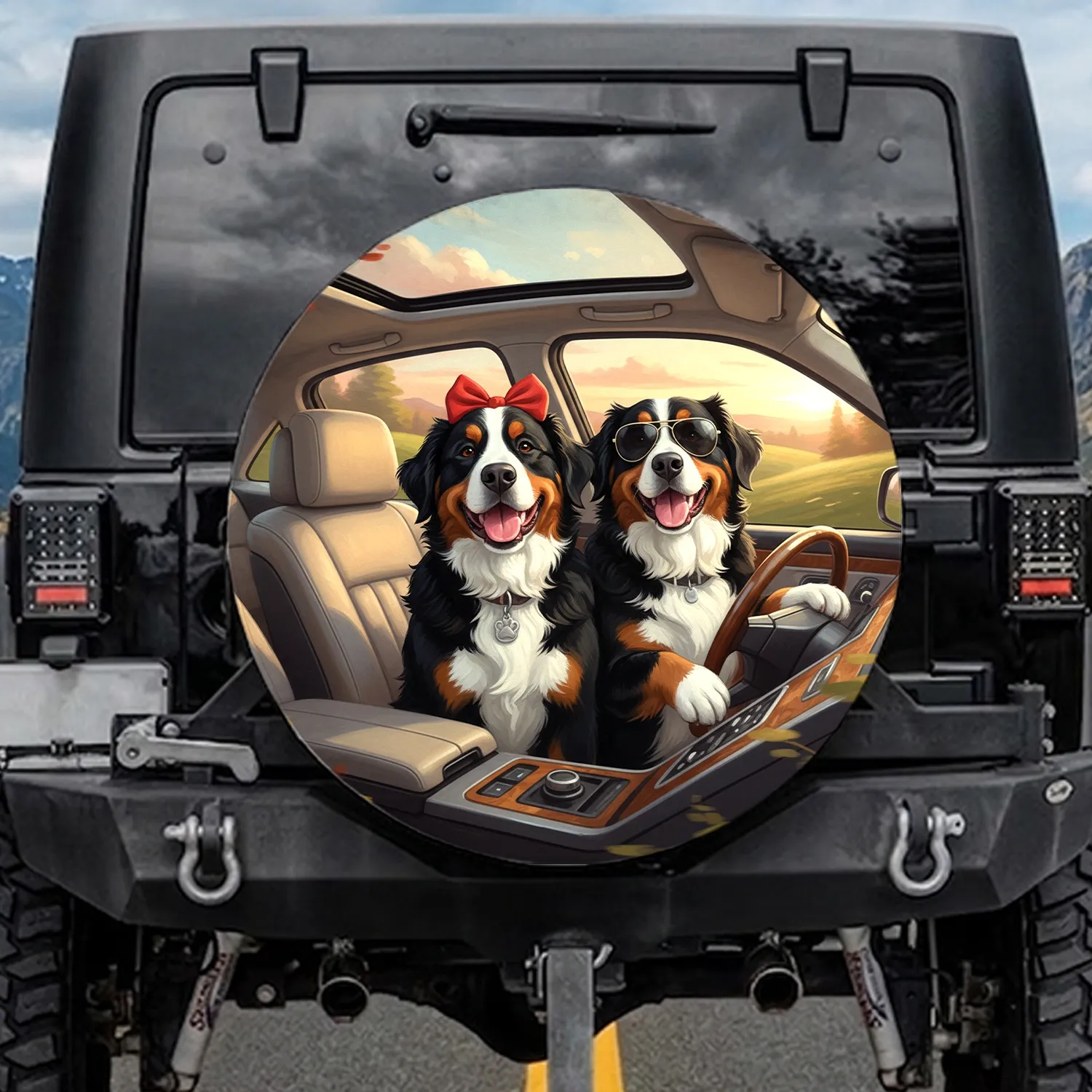 Bernese Mountain Dogs Red Bow Sunglasses Journey - Dog Lover Travel Gift Spare Tire Cover - 1