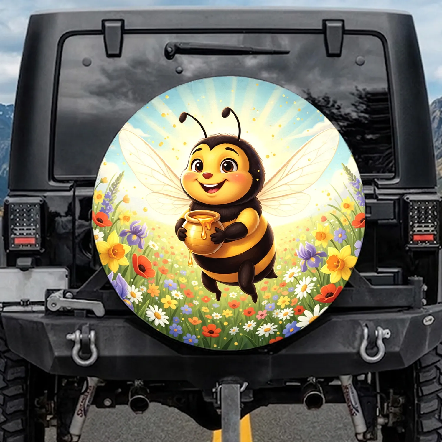 Cheerful Cartoon Bee Honey Pot Wildflower Meadow - Home Decor Gift for Bee Lover Spare Tire Cover - 1