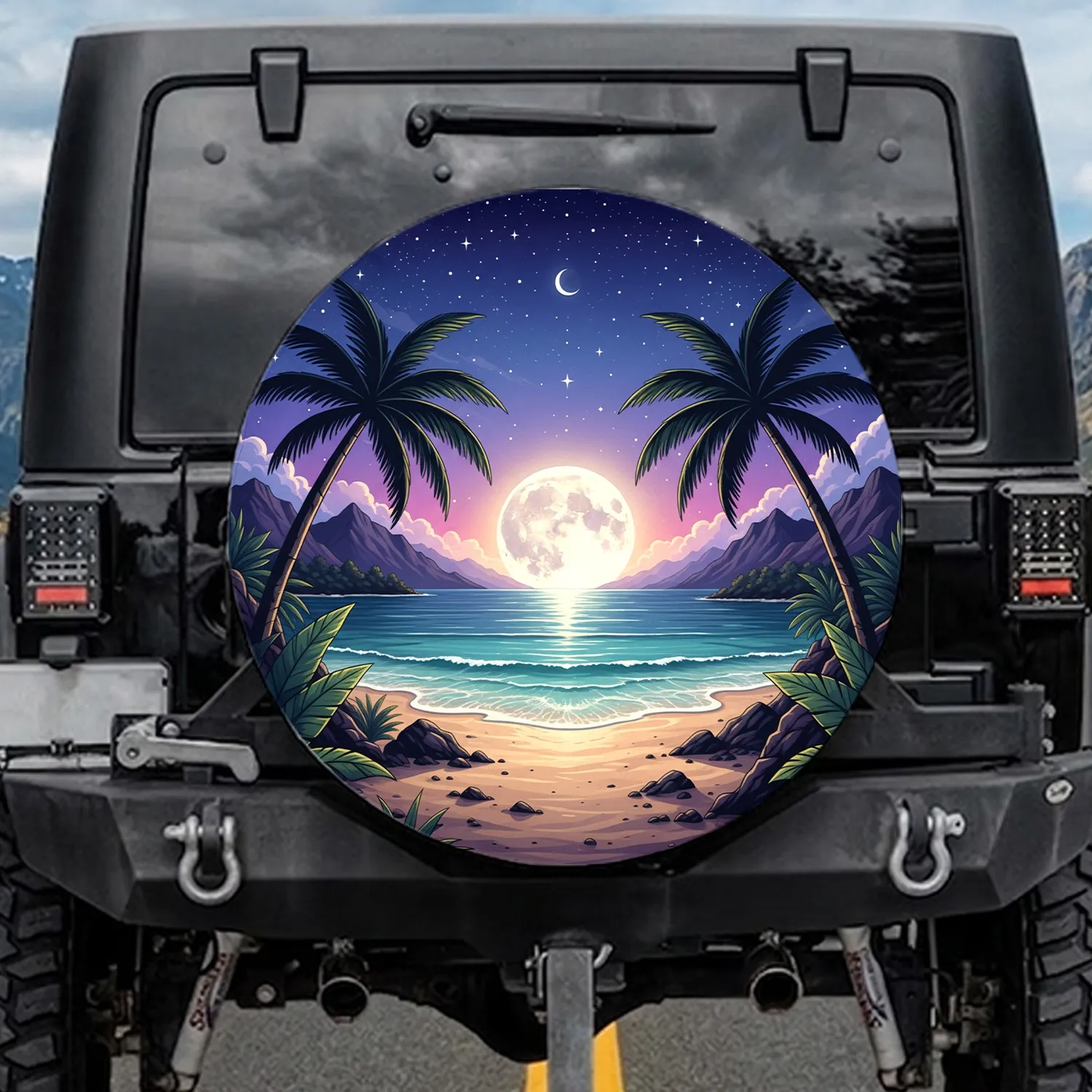 Full Moon Ocean Waves Tropical Palm Trees Beach Stars - Coastal Lifestyle Gift Spare Tire Cover - 1