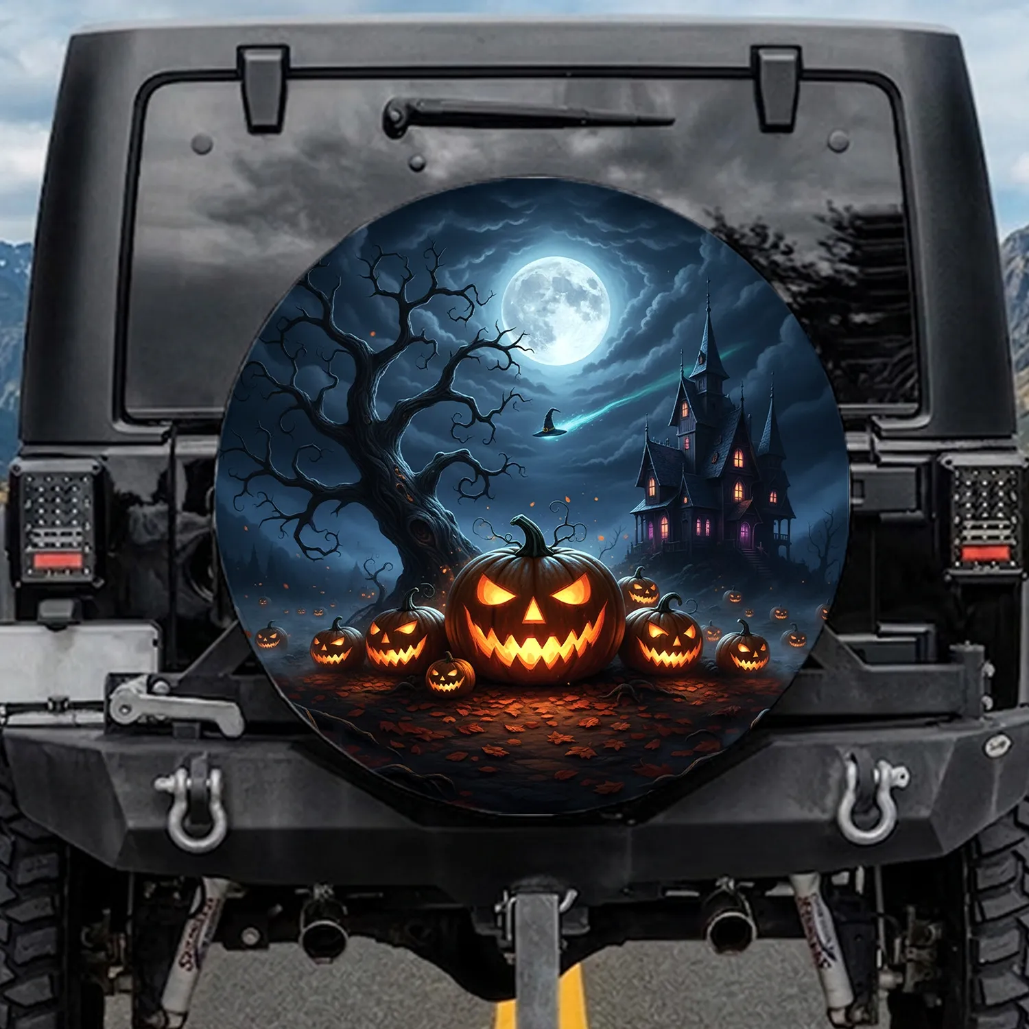 Grinning Jack-o'-lanterns Haunted Mansion Full Moon Witch's Hat - Halloween Night Decor Spare Tire Cover - 1