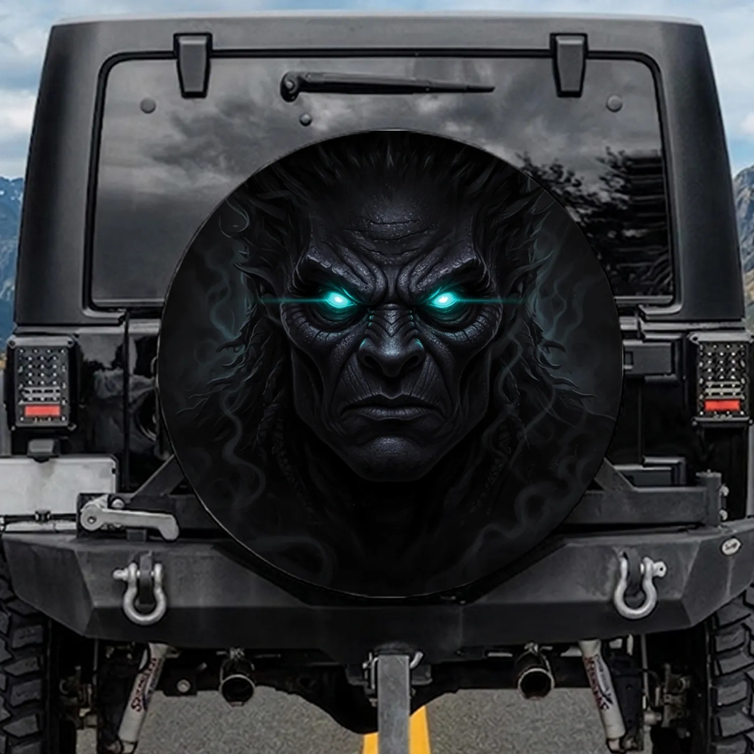Fierce Monster Face Glowing Turquoise Eyes - Fantasy Creature Vehicle Accessory Spare Tire Cover - 1