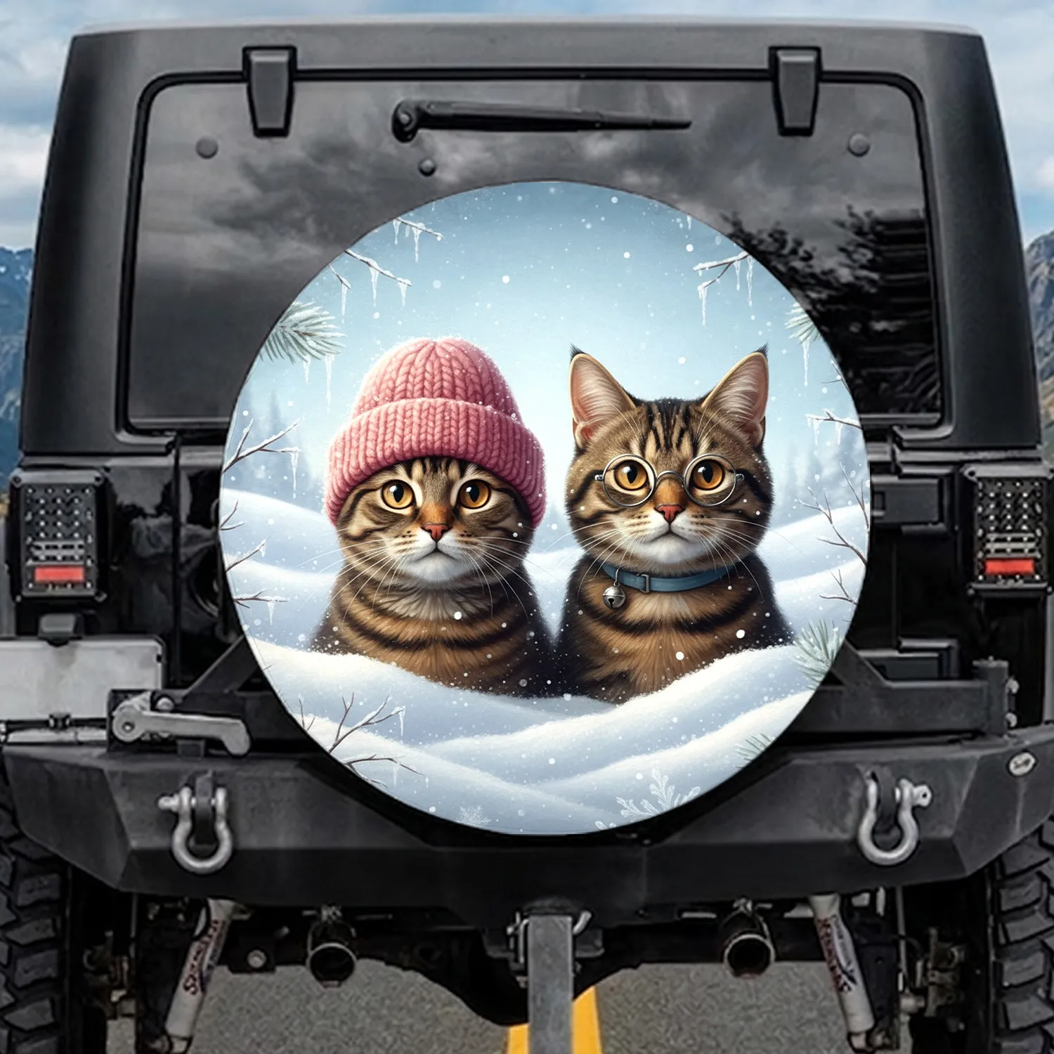 Tabby Cats Beanie Glasses Winter Snow Scene - Outdoor Decor Gift for Cat Lover Spare Tire Cover - 1