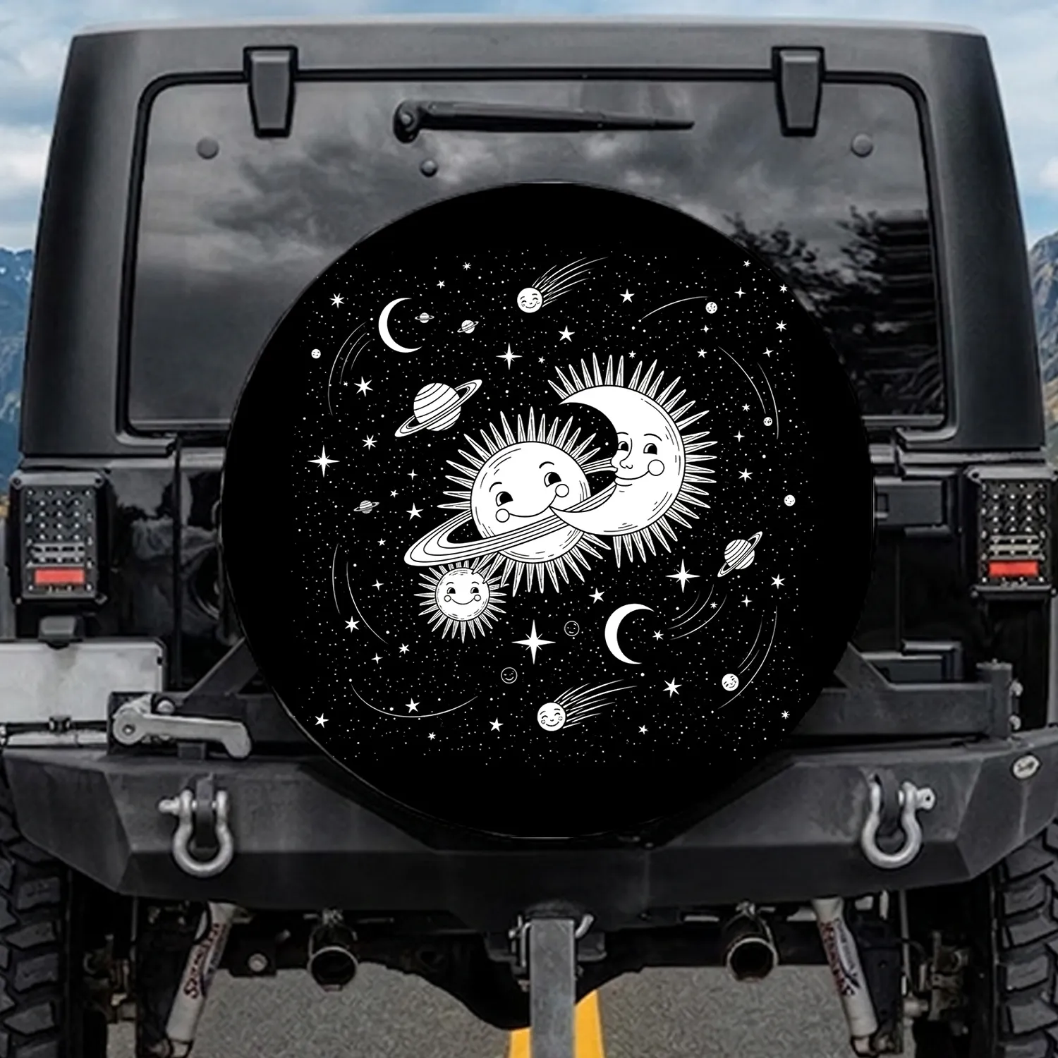 Smiling Celestial Ringed Planet Sun Moon Stars - Travel Essentials Gift for Space Lover Spare Tire Cover - 1