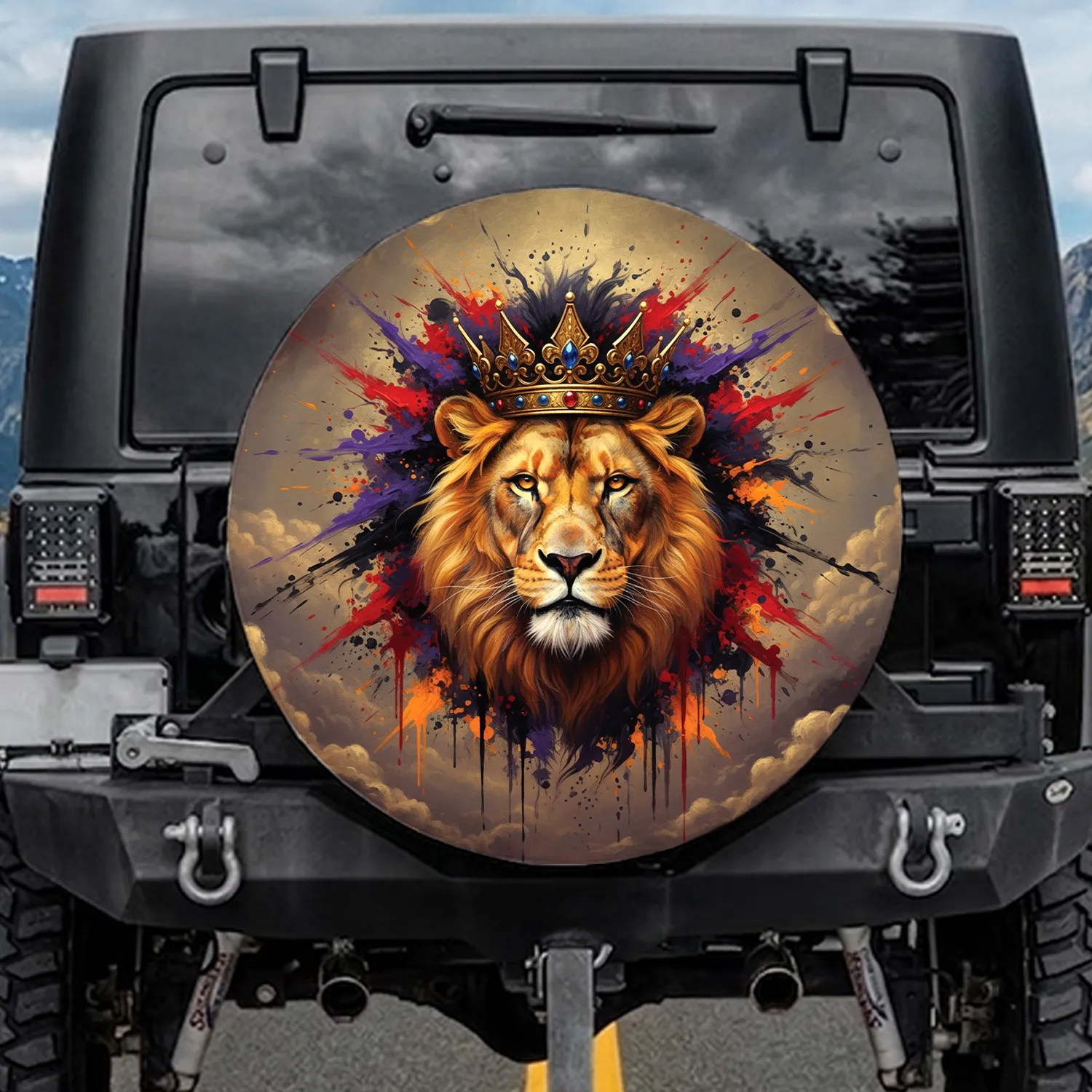 Fierce Lion Head Golden Crown Blue Jewels Paint Splatters Wildlife Lover Gift Spare Tire Cover - 1