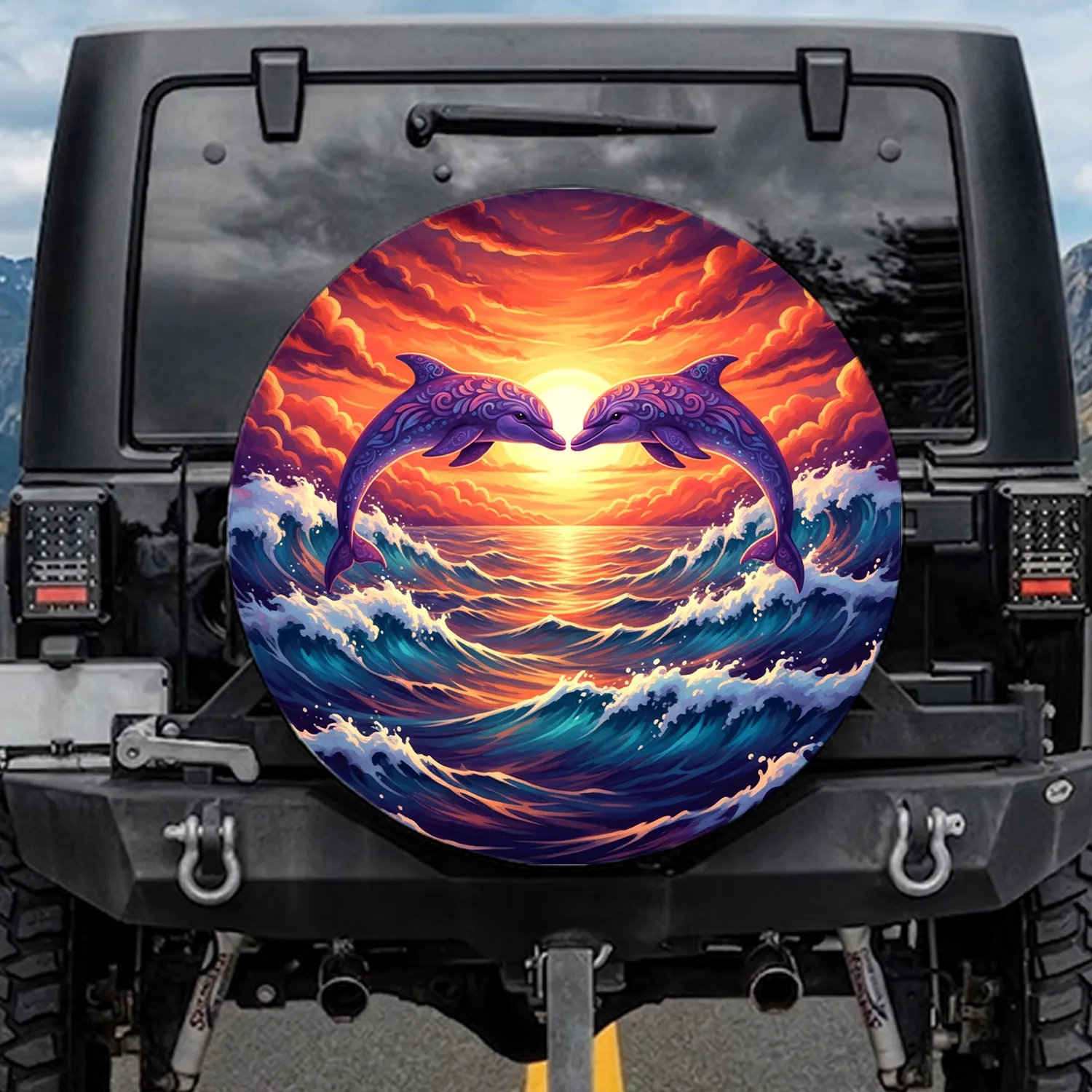 Arching Dolphins Sunset Ocean Waves Seascape - Ocean Lover Travel Essentials Spare Tire Cover - 1