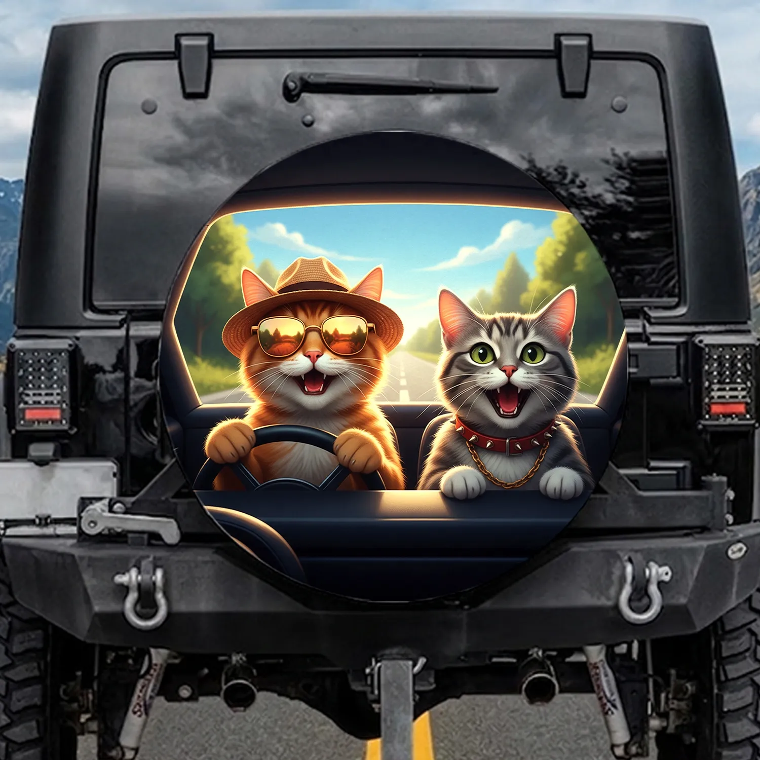 Orange Grey Fedora Sunglasses Tabby Cats Steering Wheel Open Road - Travel Essentials Spare Tire Cover - 1