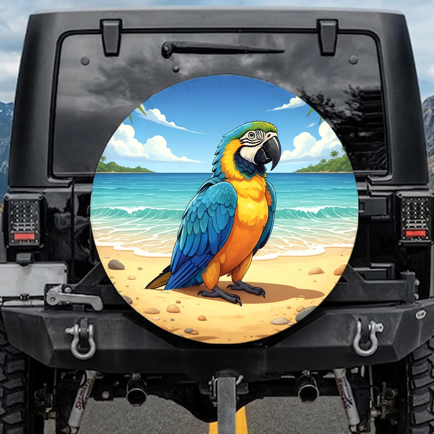 Majestic Blue Yellow Macaw Parrot Sandy Beach Ocean - Wildlife Lover Gift Spare Tire Cover - 1