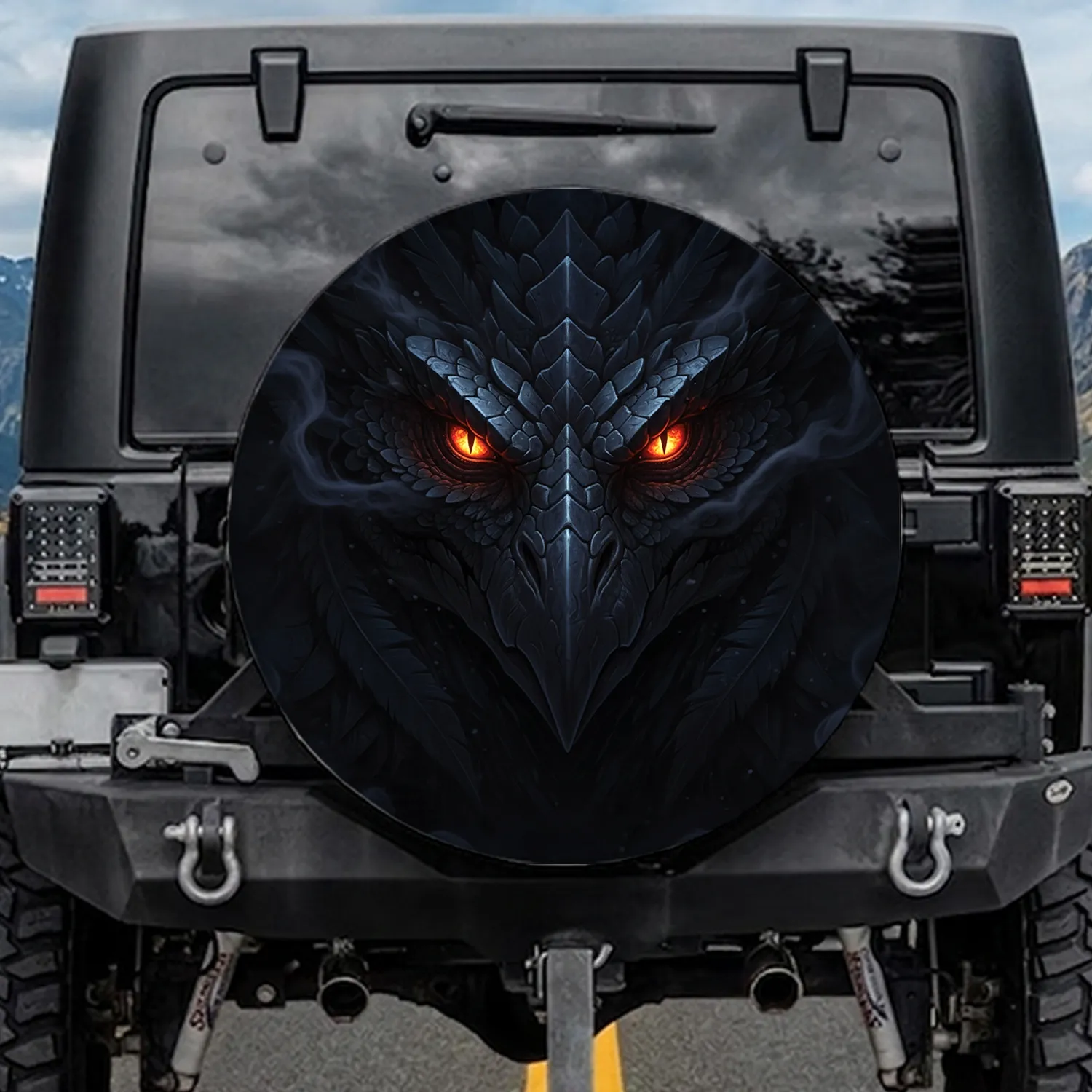 Powerful Majestic Creature Face with Intense Fiery Orange Eyes - Dramatic Decor Gift Spare Tire Cover - 1