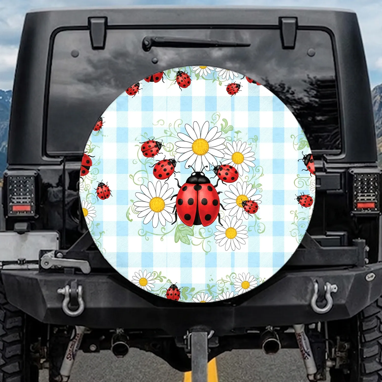 Ladybugs White Daisies Green Leaves Gingham Check - Everyday Nature Lover Gift Spare Tire Cover - 1