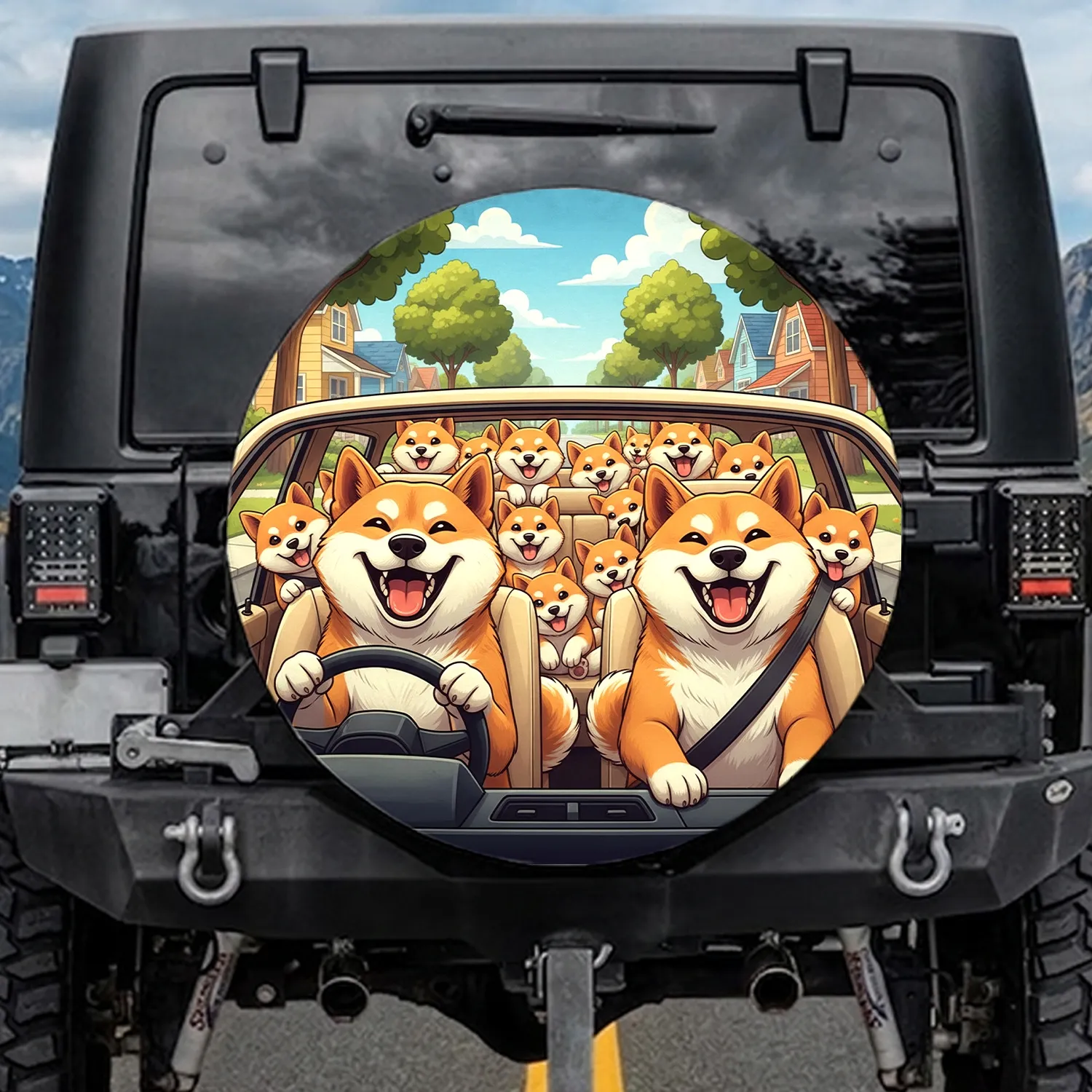 Shiba Inu Dogs With Smiles Car Ride Suburban Scene - Dog Lover Travel Gift Spare Tire Cover - 1