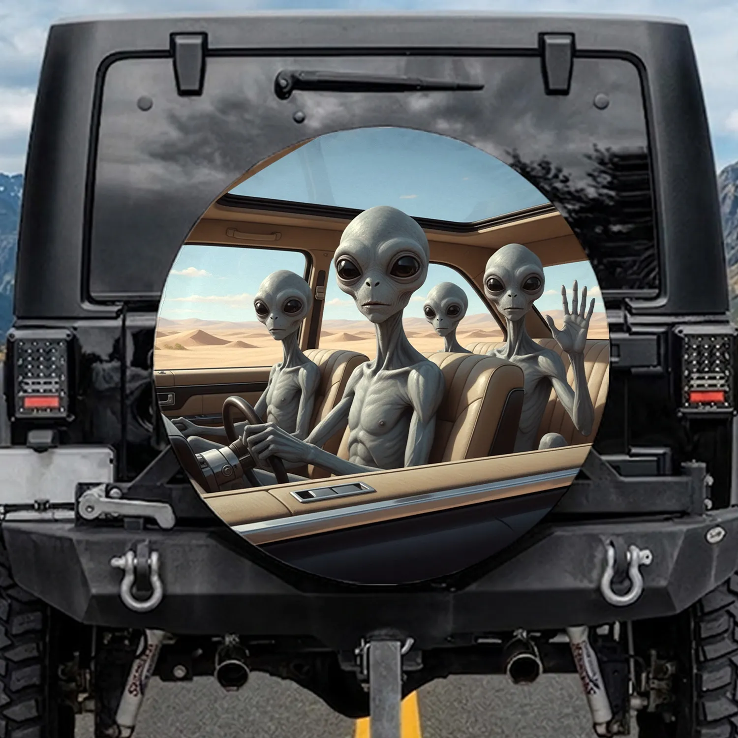 Four Grey Aliens Desert Journey Drive - Sci-Fi Fan Road Trip Gift Spare Tire Cover - 1