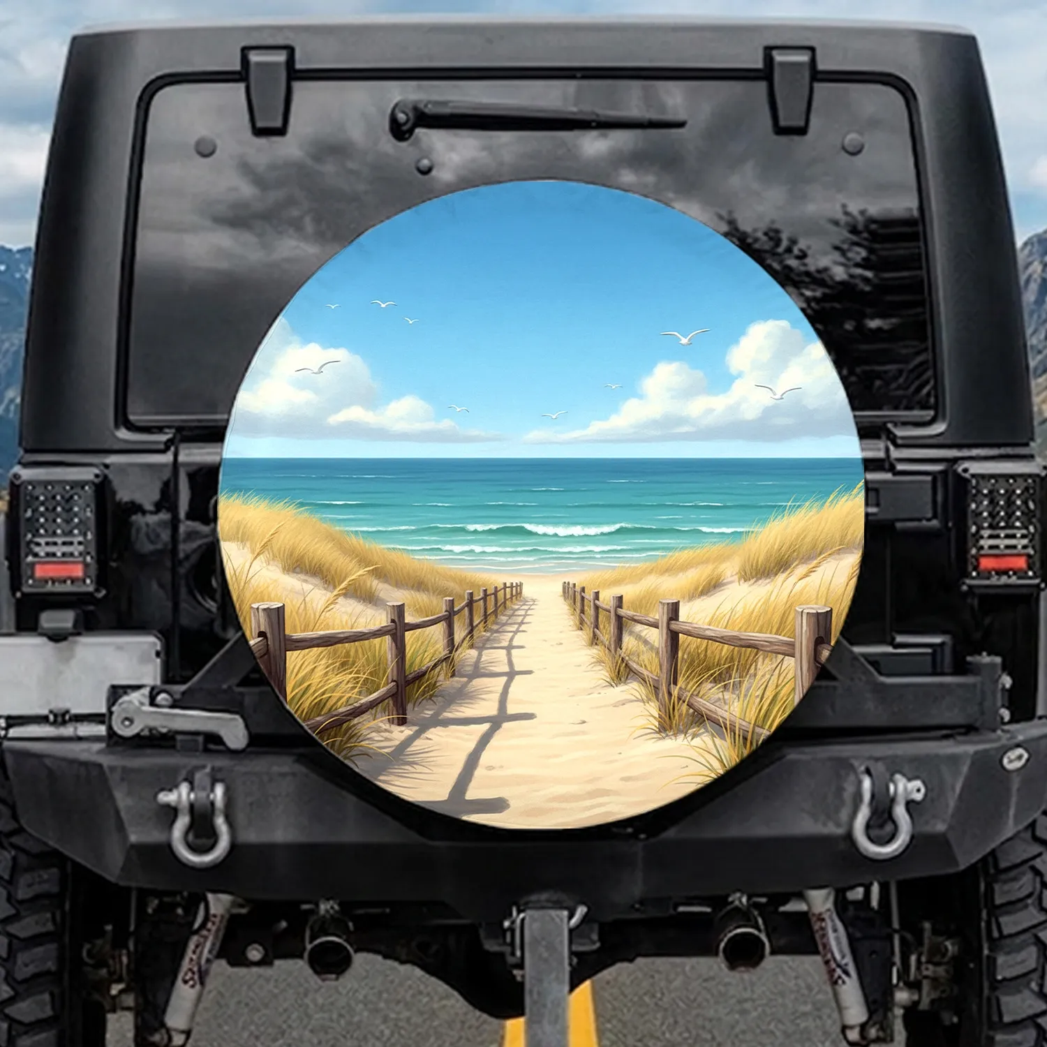 Sunlit Sandy Path Winding Weathered Fence Ocean Vista - Coastal Decor Gift for Beach Lover Spare Tire Cover - 1