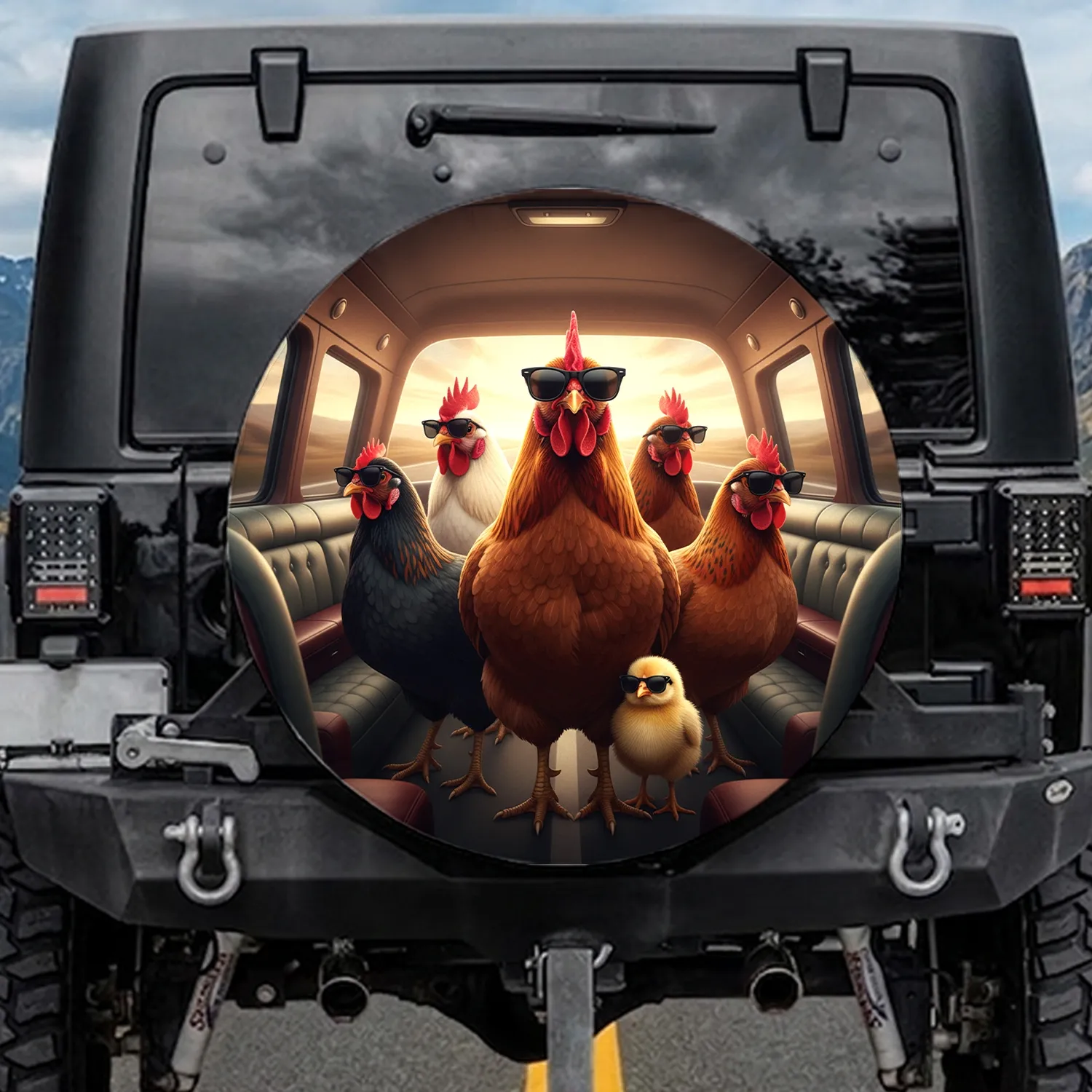 Chickens with Sunglasses Road Trip - Travel Enthusiast Gift for Chicken Lover Spare Tire Cover - 1