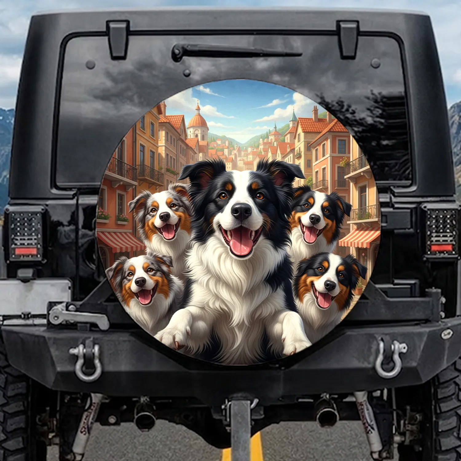 Five Smiling Dogs European Cityscape - Adventure Road Trip Gift for Dog Owners Spare Tire Cover - 1