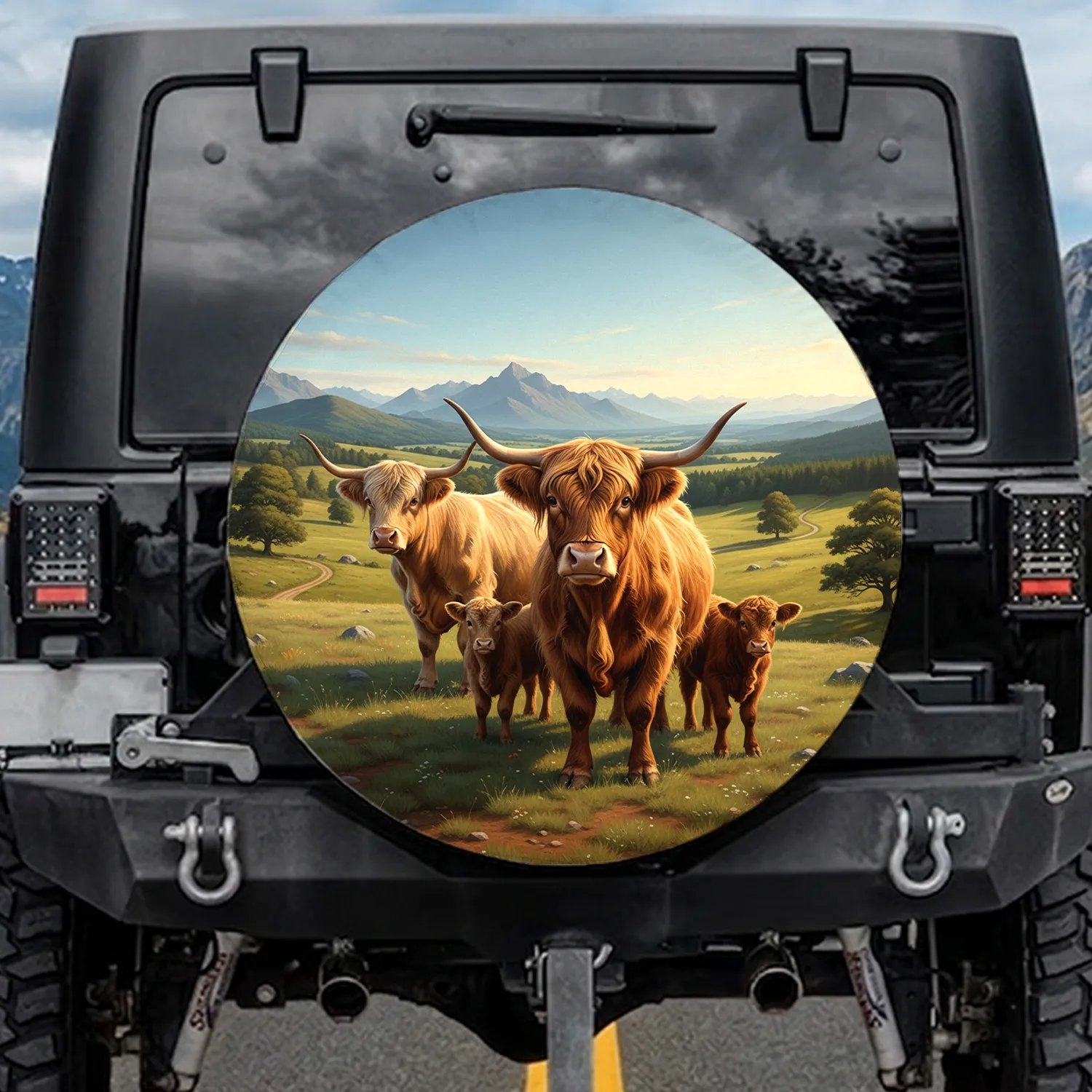 Highland Cow Family Rolling Hills - Farmhouse Decor Cow Lover Gift Spare Tire Cover - 1