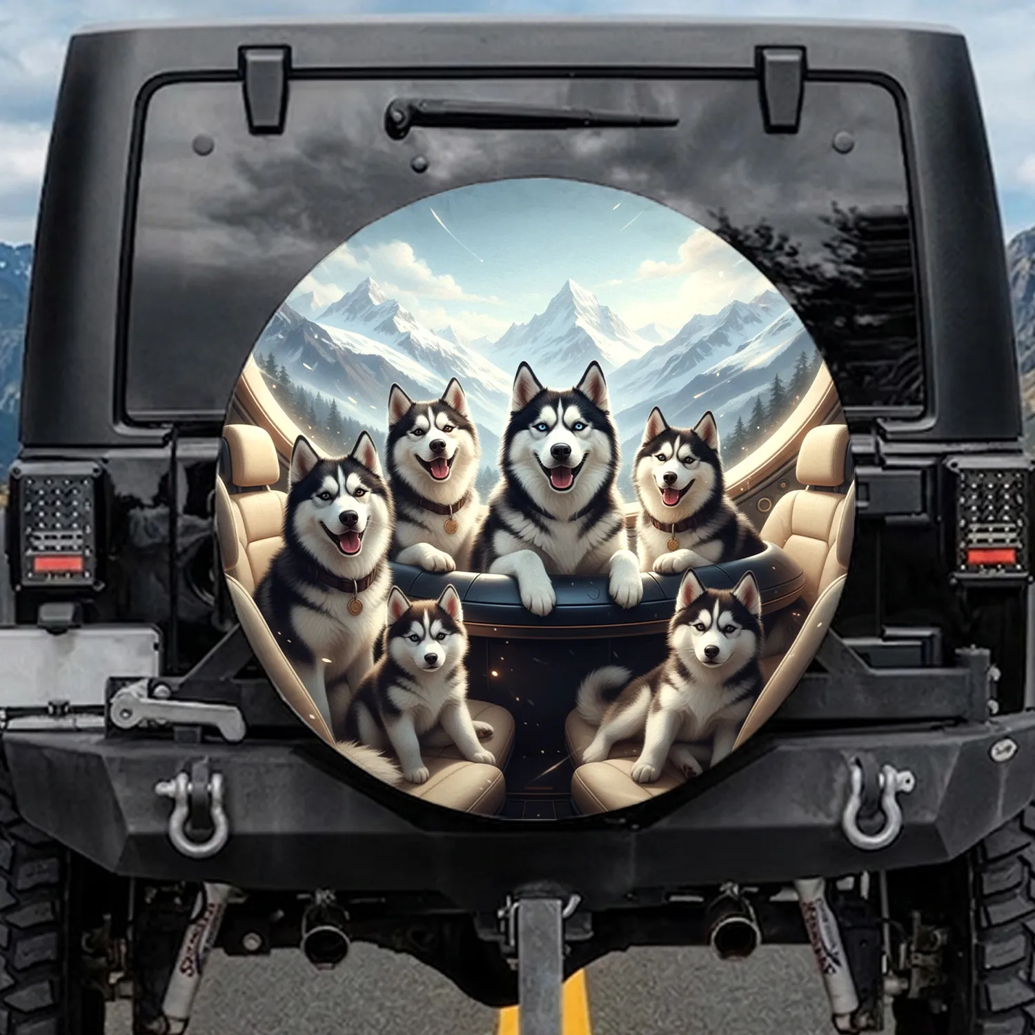 Confident Siberian Husky Family Mountain Vista - Outdoor Adventure Dog Lover Gift Spare Tire Cover - 1