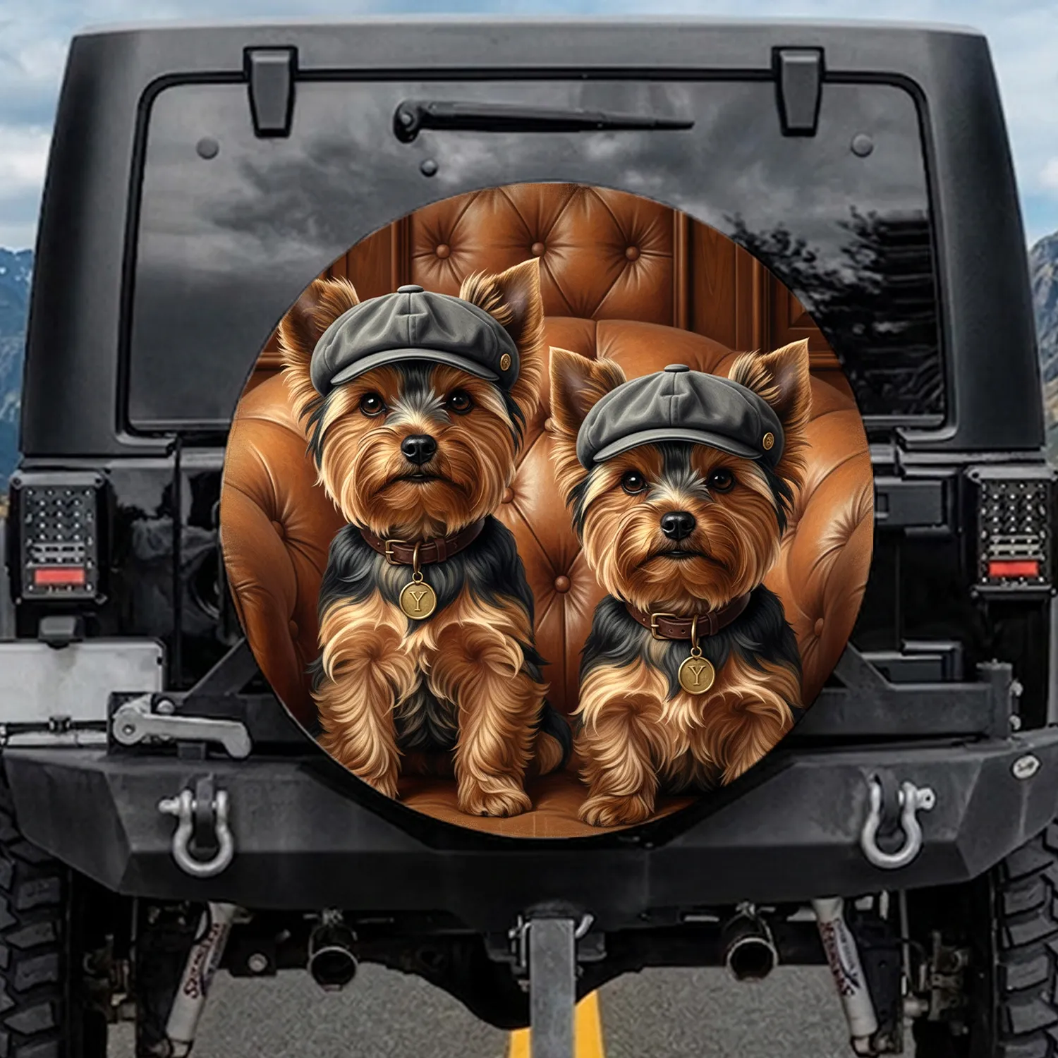 Yorkshire Terriers Newsboy Caps Upholstered Seating Wood Grain - Dog Lover Gift Spare Tire Cover - 1