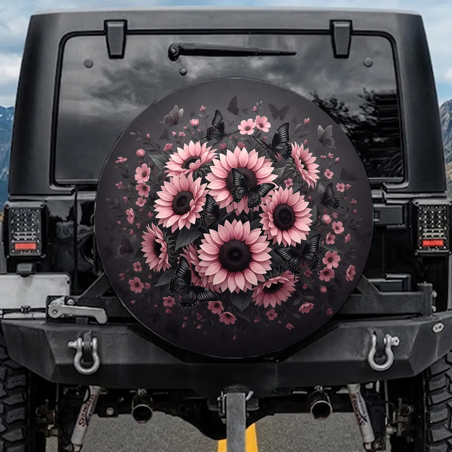 Pink Sunflowers Dark Butterflies Floral Garden Gift Spare Tire Cover - 1