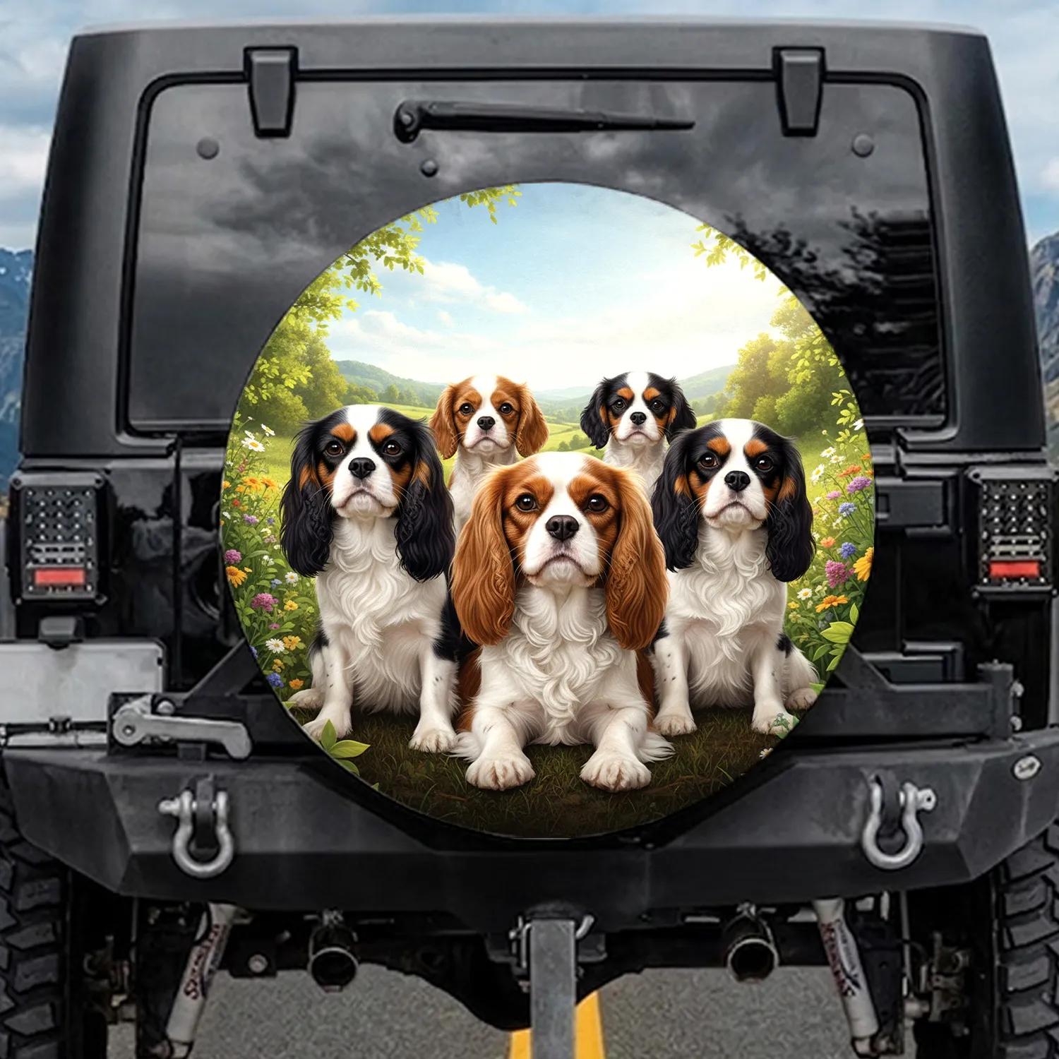 Five Cavalier King Charles Spaniel Dogs Lush Landscape - Dog Lover Gift Spare Tire Cover - 1
