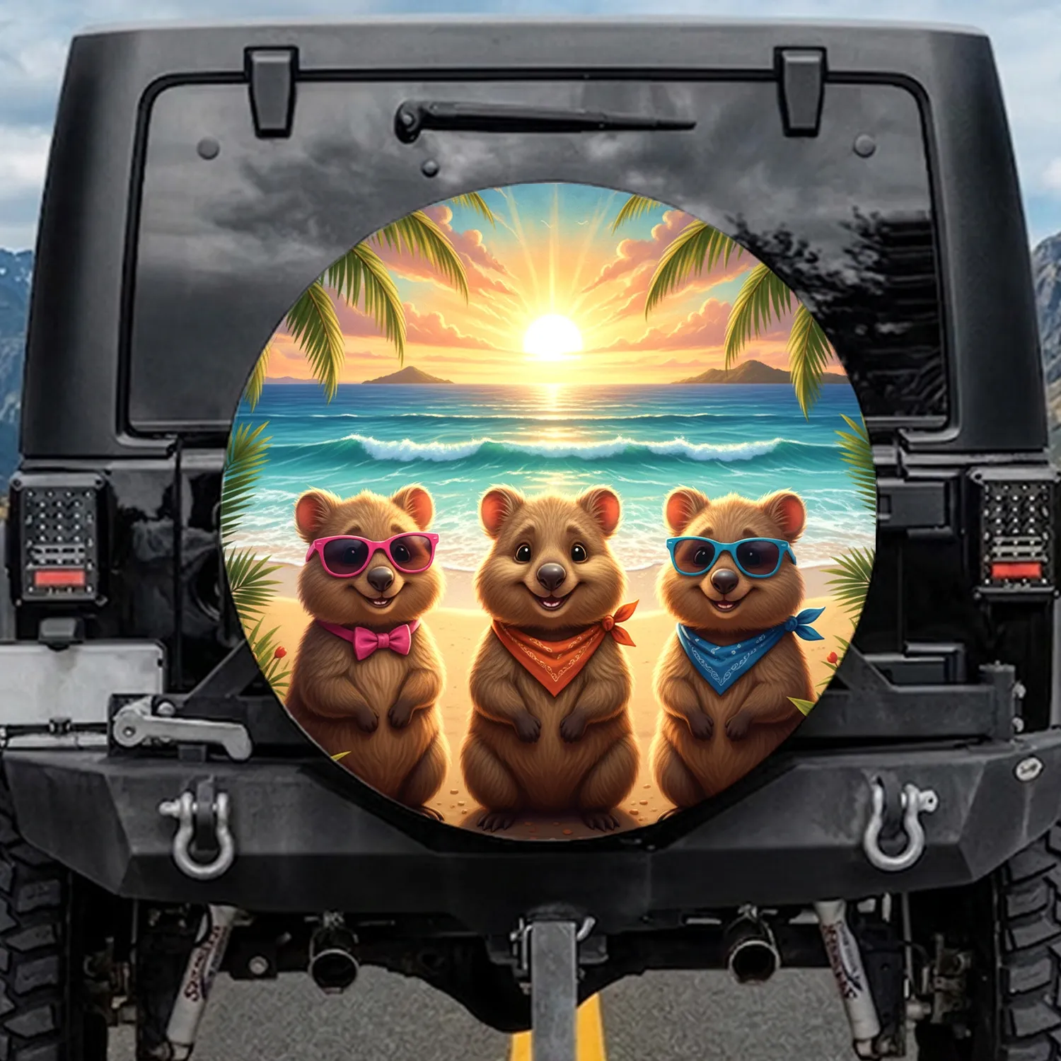 Quokkas Tropical Sunset Beach Palm Fronds - Wildlife Lover Road Trip Gift Spare Tire Cover - 1
