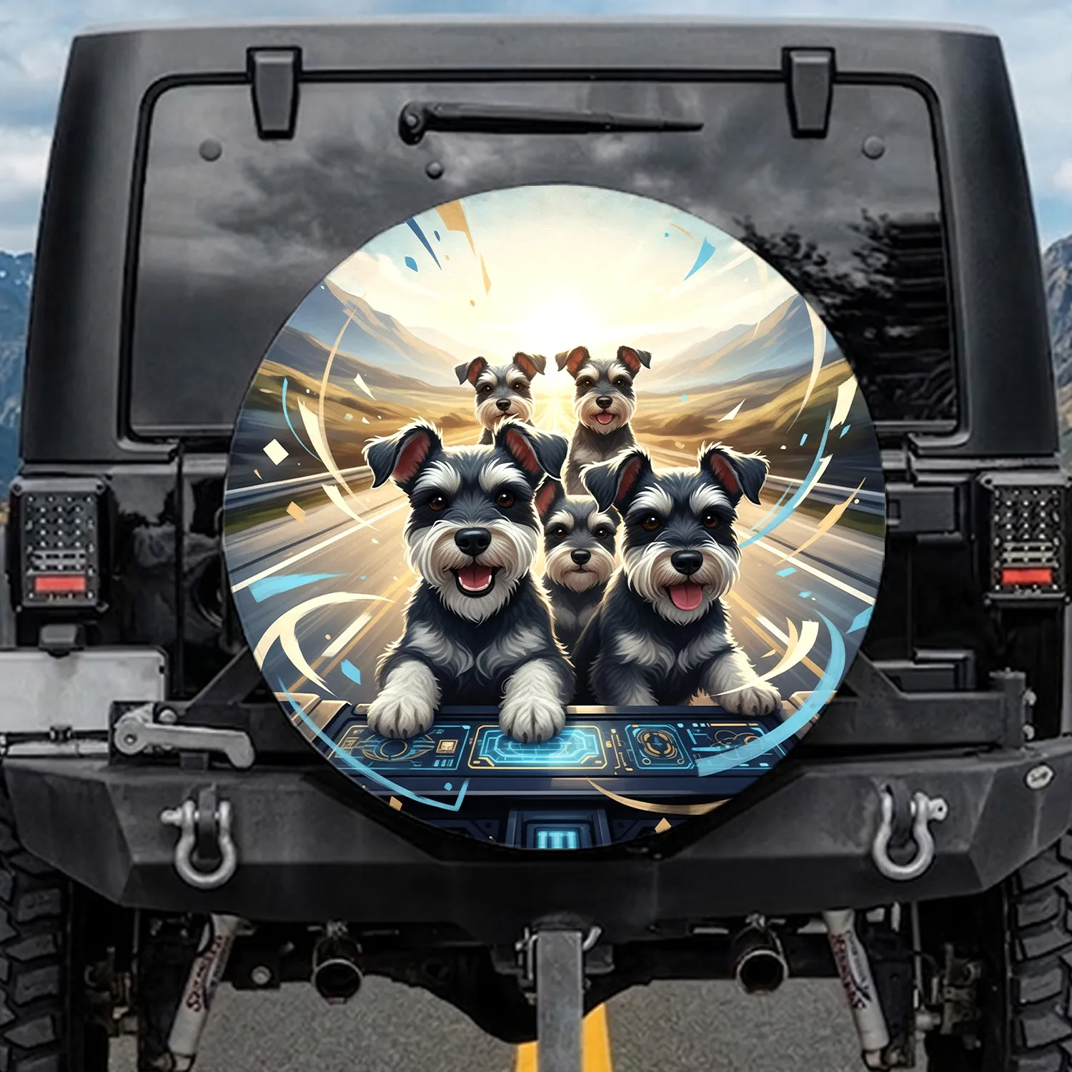 Four Realistic Miniature Schnauzers Driving Open Road - Adventure Enthusiast Gift for Dog Lovers Spare Tire Cover - 1