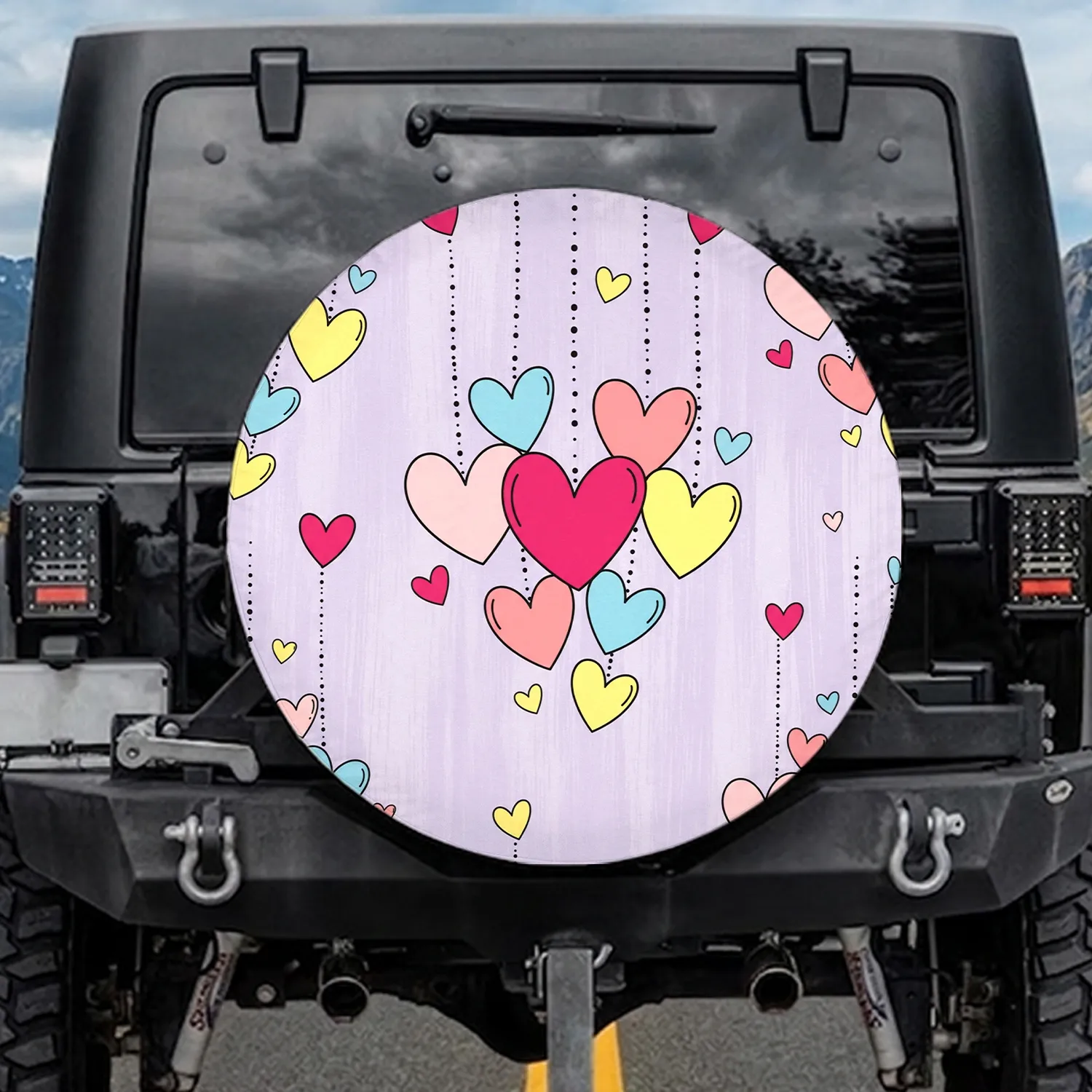 Colorful Suspended Hearts with Dots Love Symbols Lavender Background - Home Decor Gift Spare Tire Cover - 1