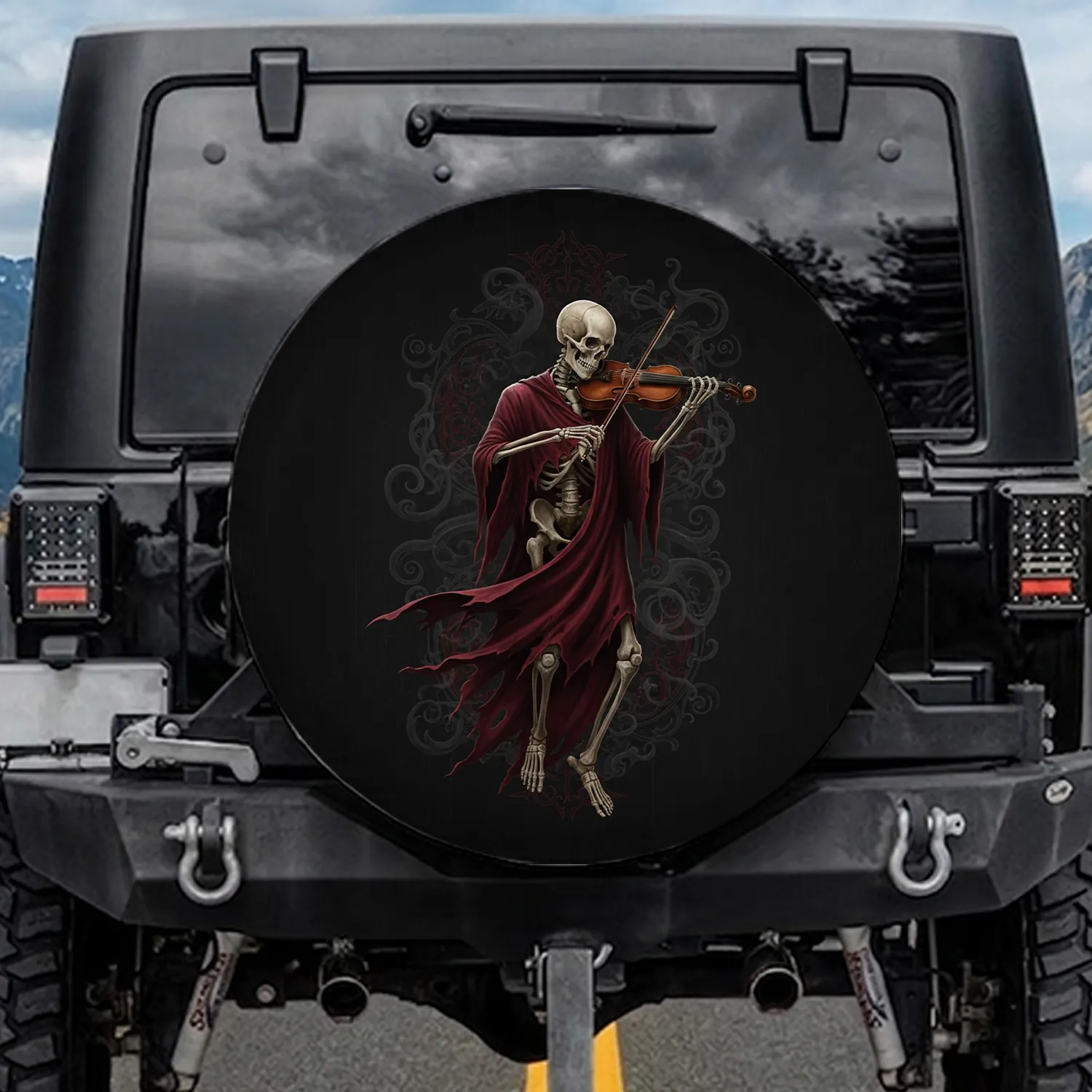 Skeleton Violinist Crimson Cloak Gothic Filigree - Macabre Art Lover Gift Spare Tire Cover - 1