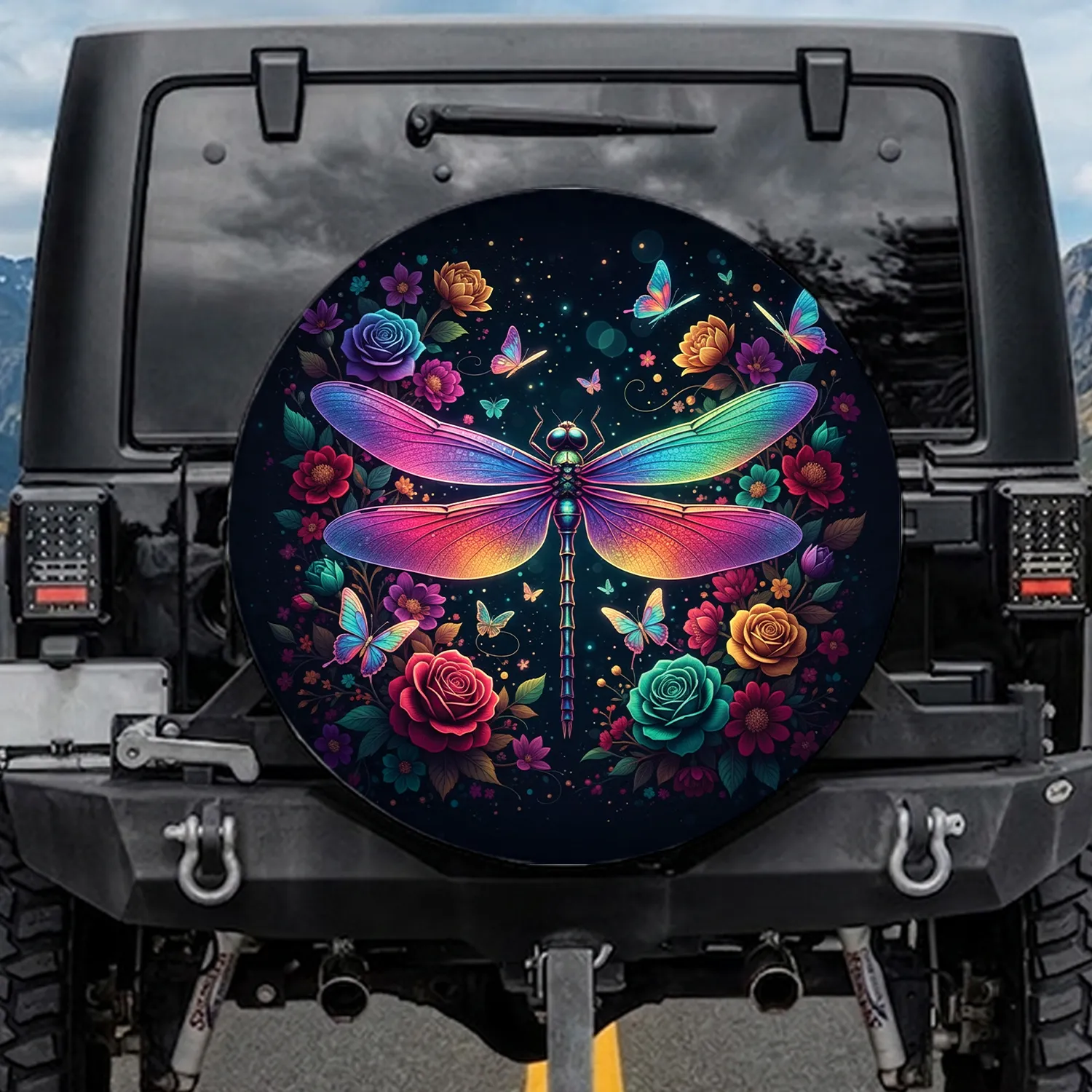 Iridescent Dragonfly Flowers Butterflies - Enchanted Garden Nature Lover Gift Spare Tire Cover - 1