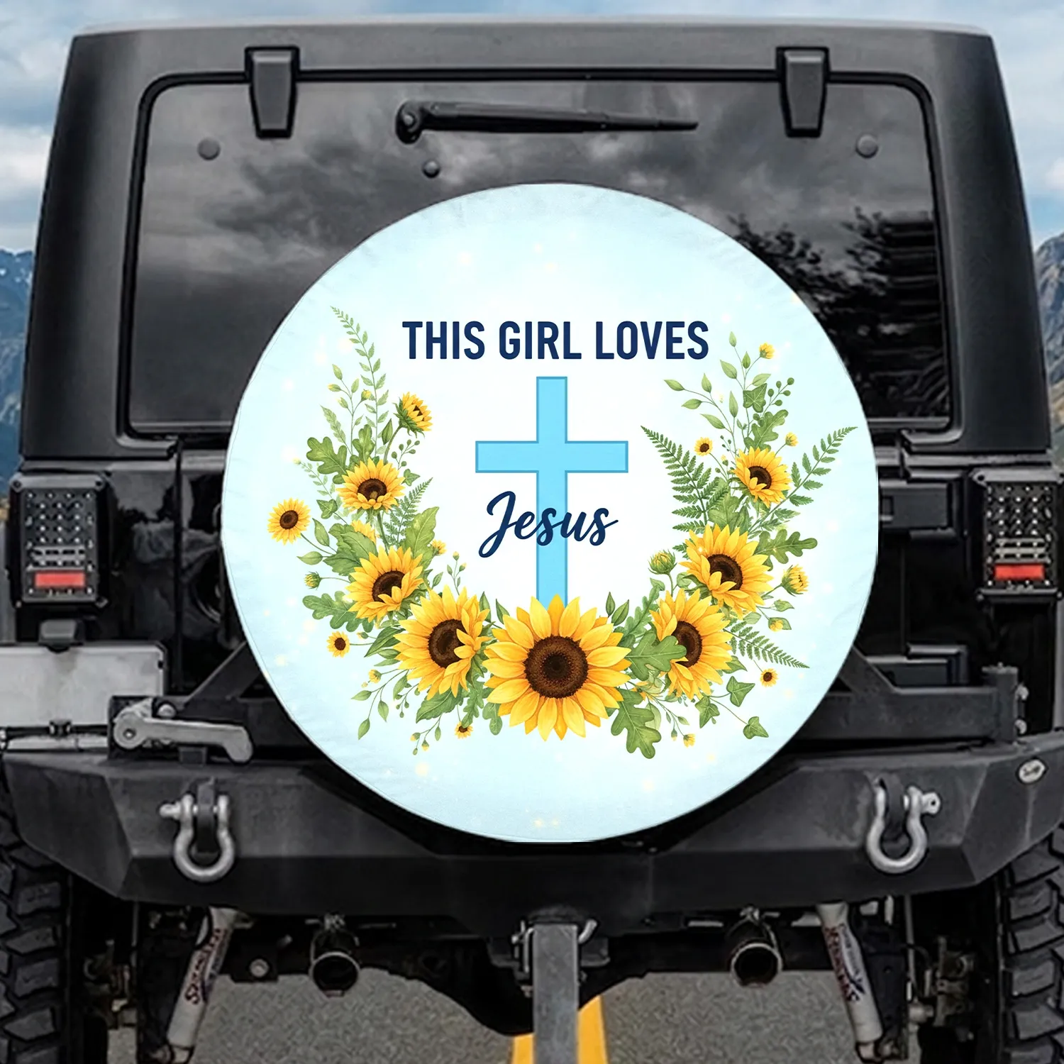 Light Blue Cross Sunflowers 'This Girl Loves Jesus' - Christian Faith Gift for Her Spare Tire Cover - 1