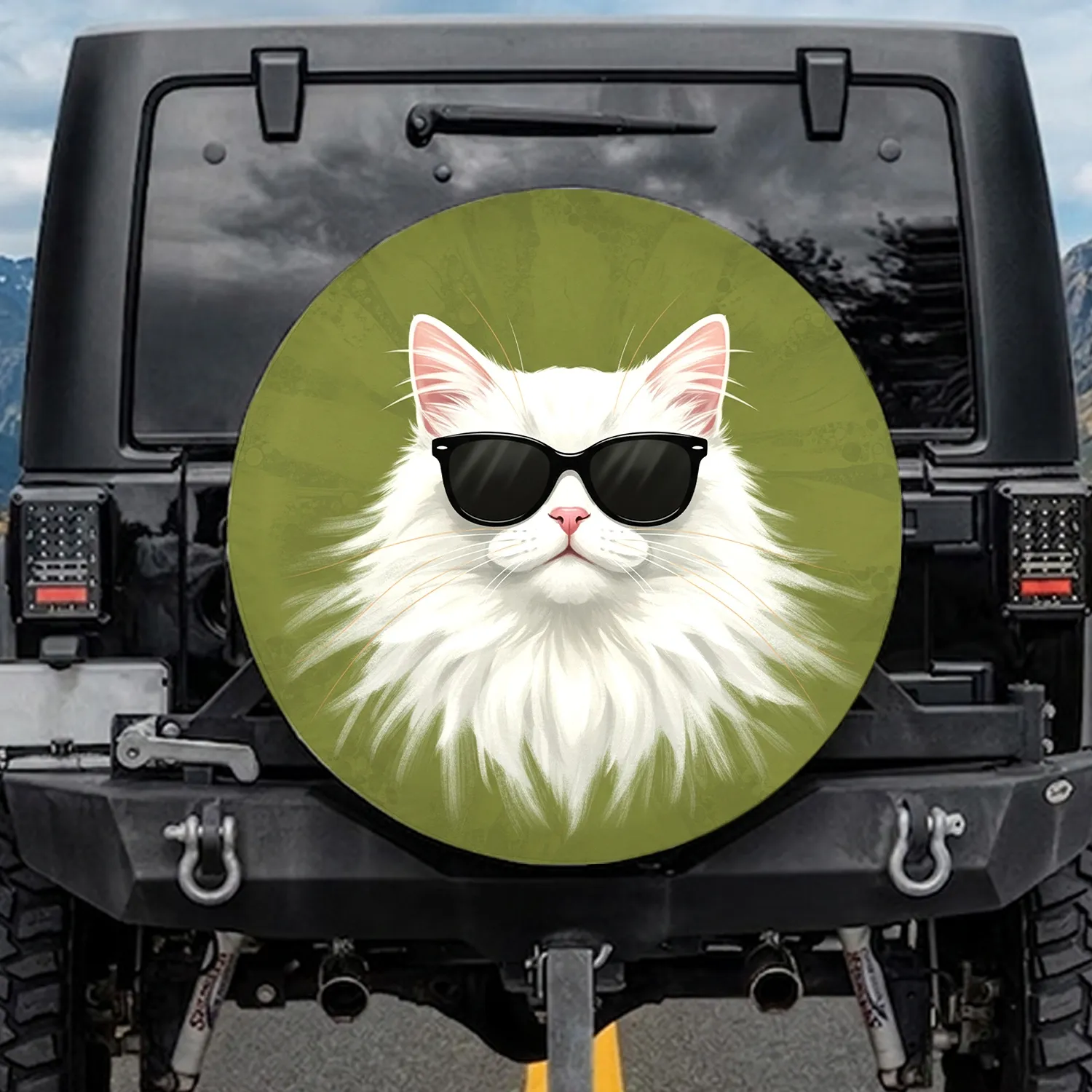 Fluffy White Cat Sunglasses Cool - Everyday Animal Lover Accessory Spare Tire Cover - 1