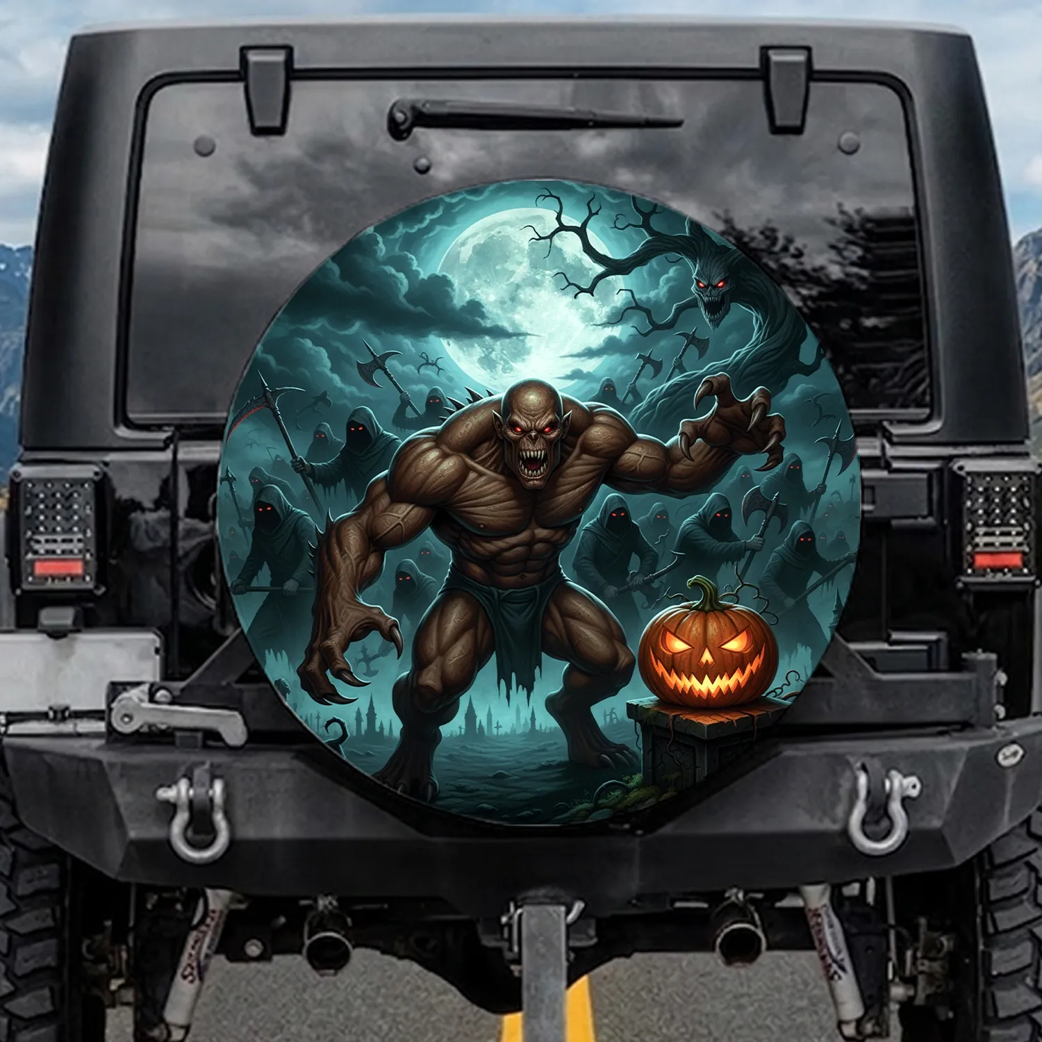 Terrifying Monster Jack-o'-lantern Gothic Horror Scene - Halloween Night Gift for Horror Fan Spare Tire Cover - 1