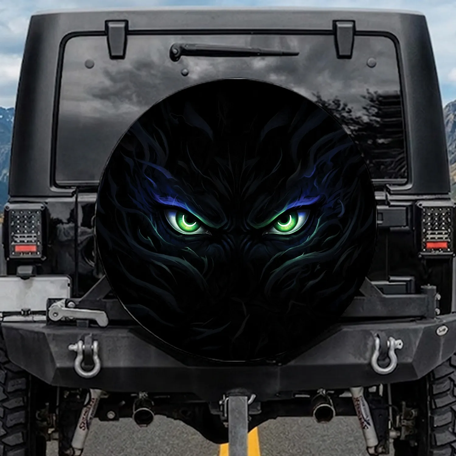 Fierce Glowing Green Blue Eyes Shadowed Stone - Dark Fantasy Gift Spare Tire Cover - 1