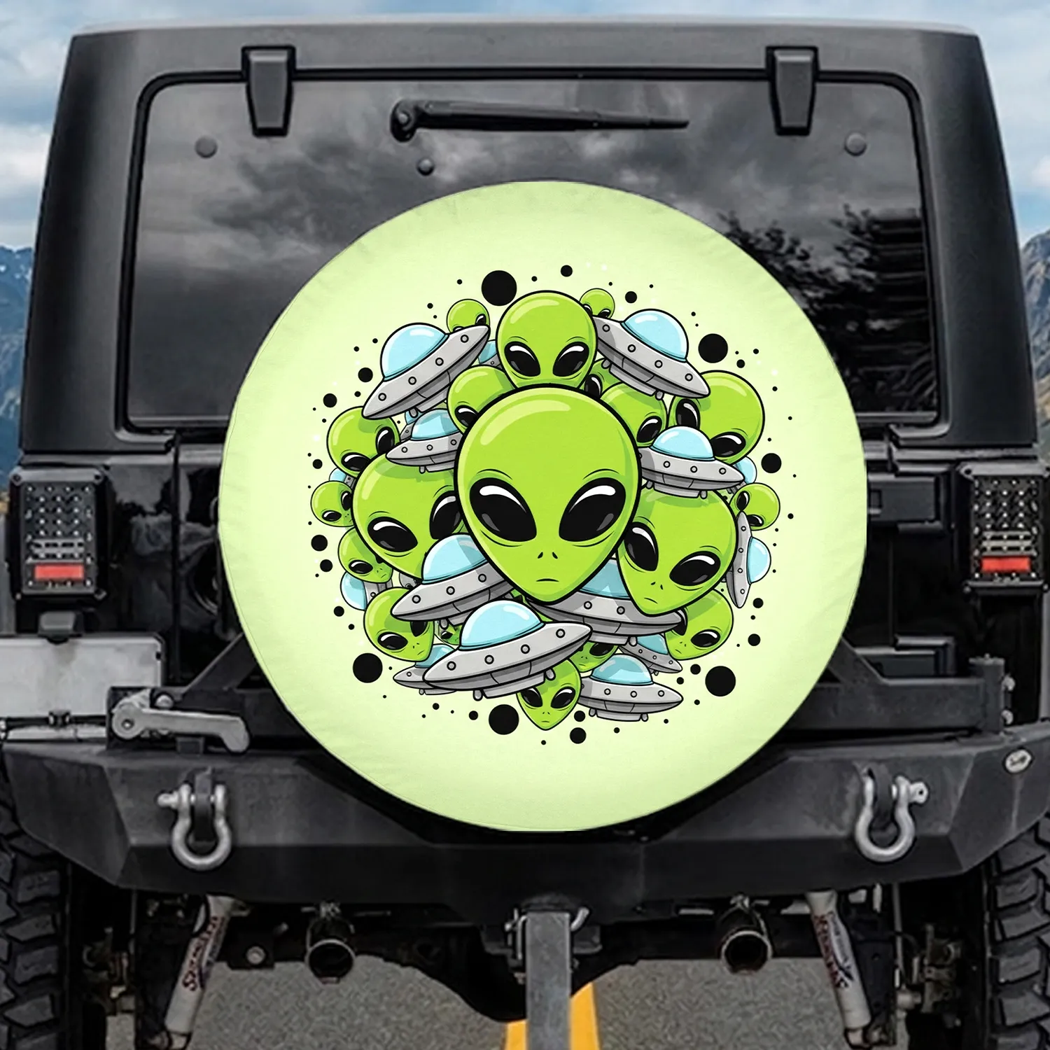 Large Black Eyes Alien Heads Classic Flying Saucers - Space Enthusiast Gift Spare Tire Cover - 1