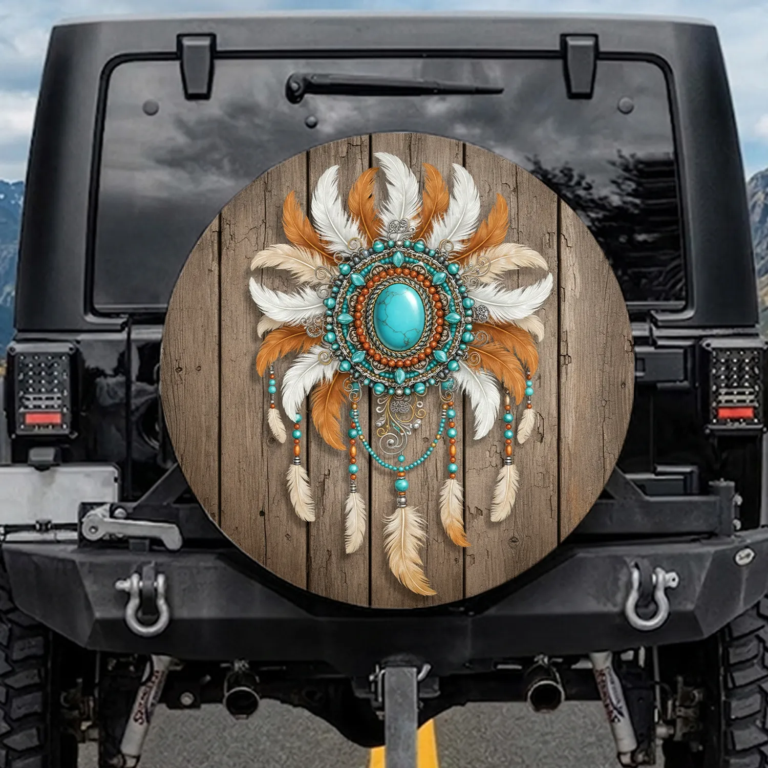 Turquoise Amber Dreamcatcher Medallion Feathers - Boho Lifestyle Gift Spare Tire Cover - 1