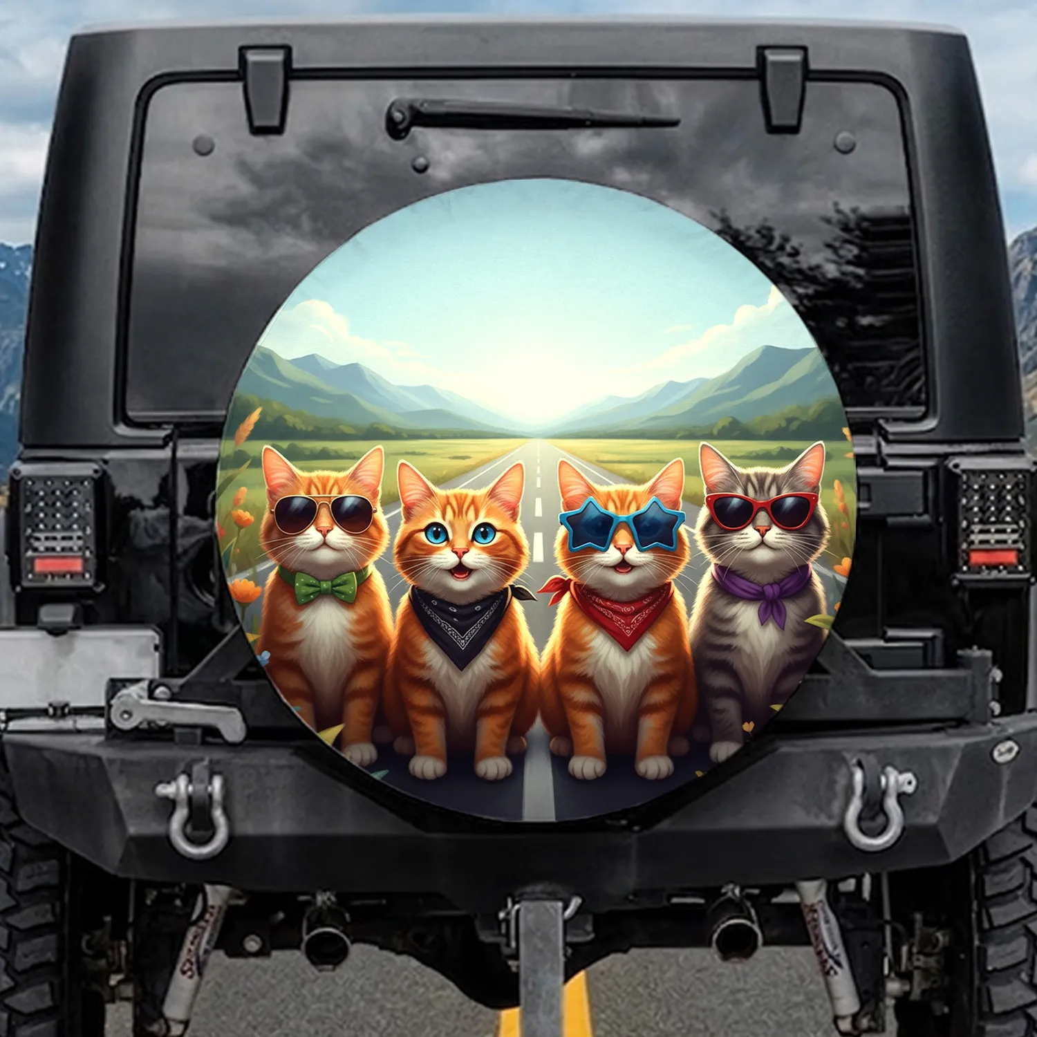 Four Cats Sunglasses Road Trip Mountains - Travel Essentials for Pet Owners Spare Tire Cover - 1