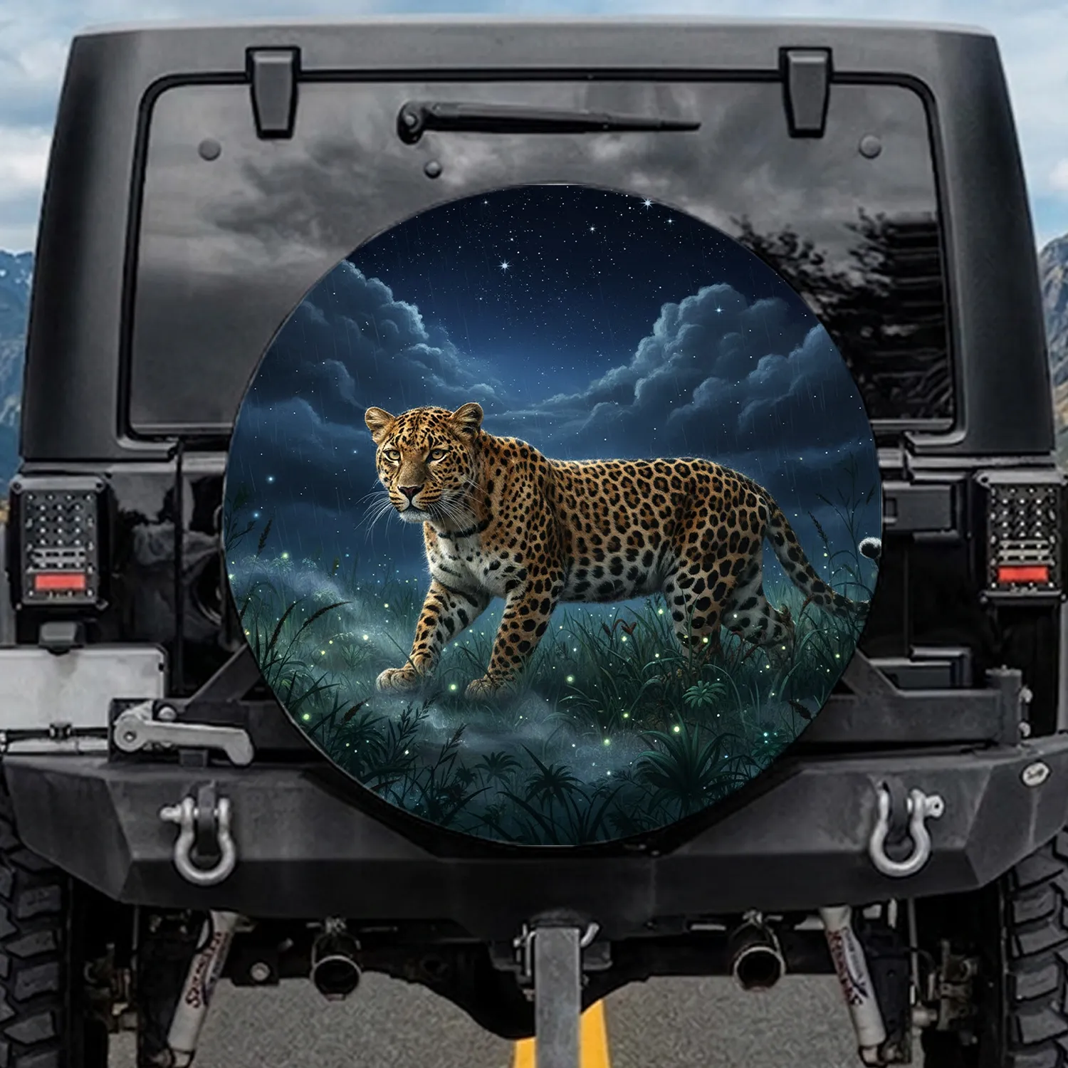 Realistic Leopard Twilight Stars Wild Flora - Wildlife Lover Gift Spare Tire Cover - 1