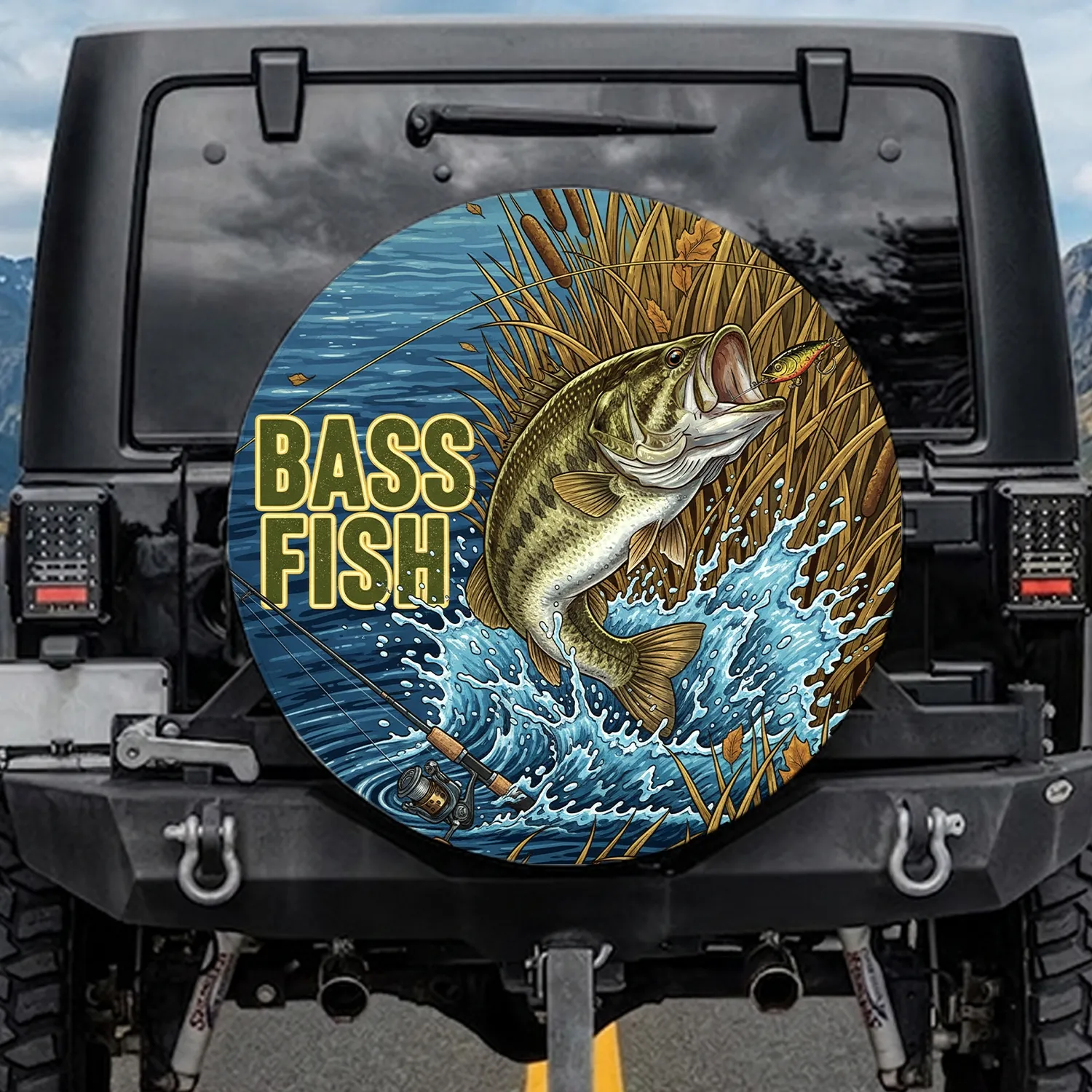 Largemouth Bass Fish Leaping Hooked Lure - Fishing Enthusiast Gift for Anglers Spare Tire Cover - 1