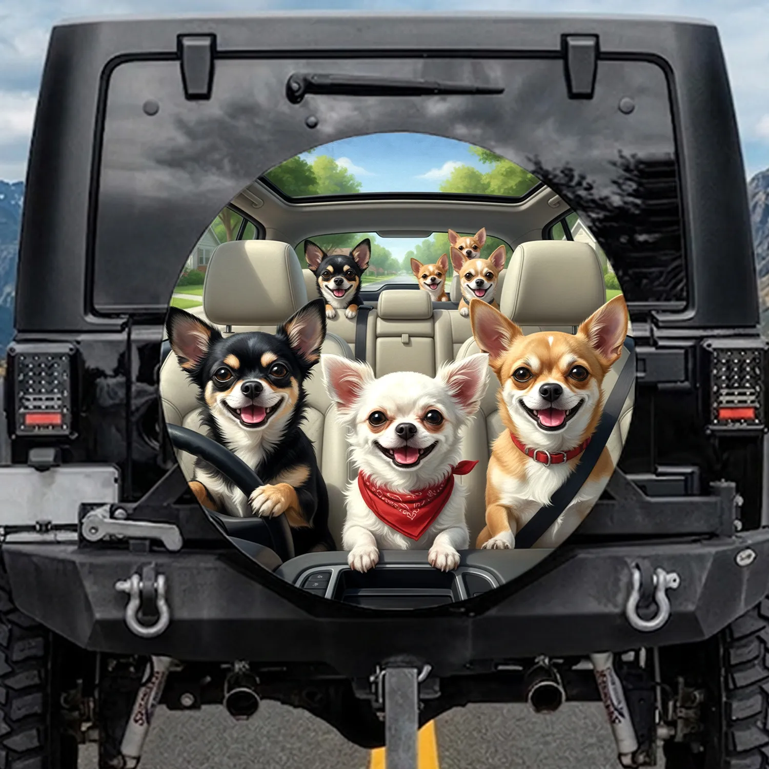 Cheerful Chihuahuas Road Trip Driving Dog Lover Gift for Pet Owners Spare Tire Cover - 1