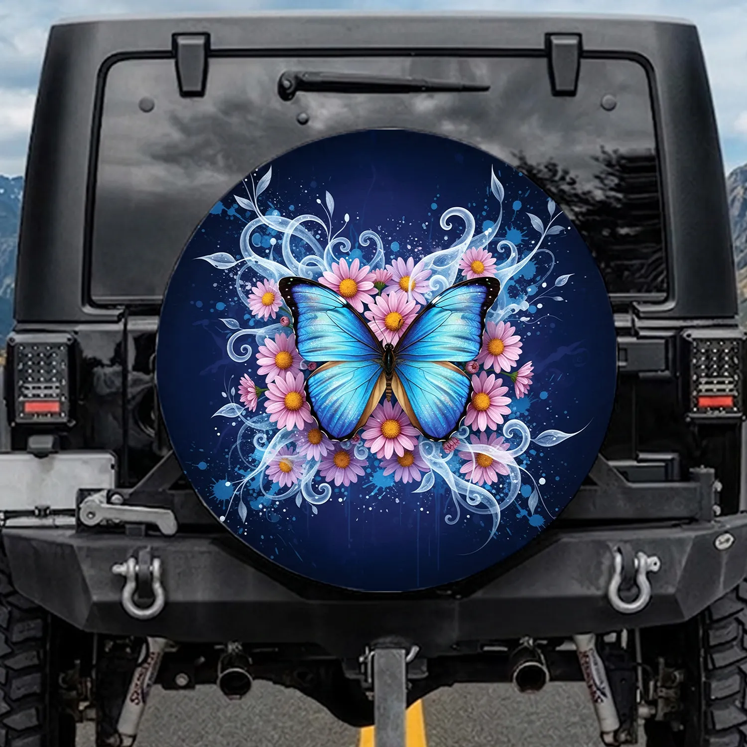 Iridescent Blue Butterfly Pink Daisy Flowers - Wildlife Lover Home Decor Gift Spare Tire Cover - 1