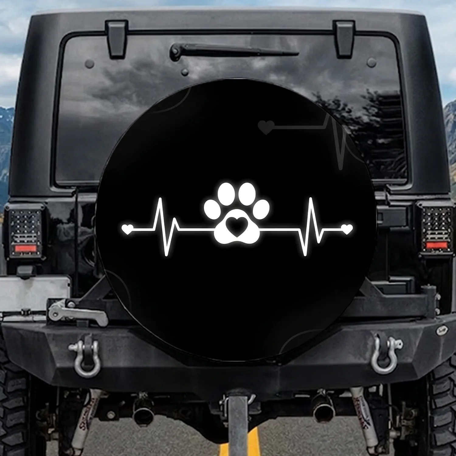 White Paw Print Heart Heartbeat Line Pet Lover Gift for Pet Owner Spare Tire Cover - 1
