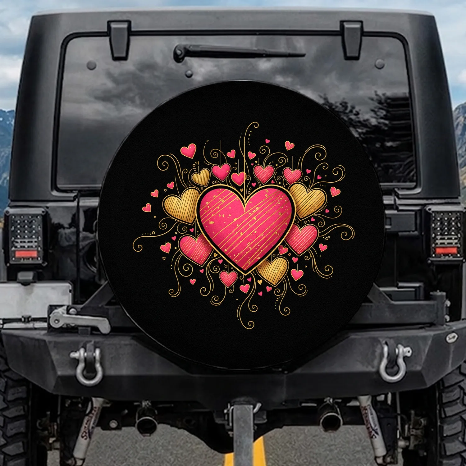 Pink Golden Expressive Doodle Hearts Swirling Lines Deep Background - Love Gift for Heart Lover Spare Tire Cover - 1